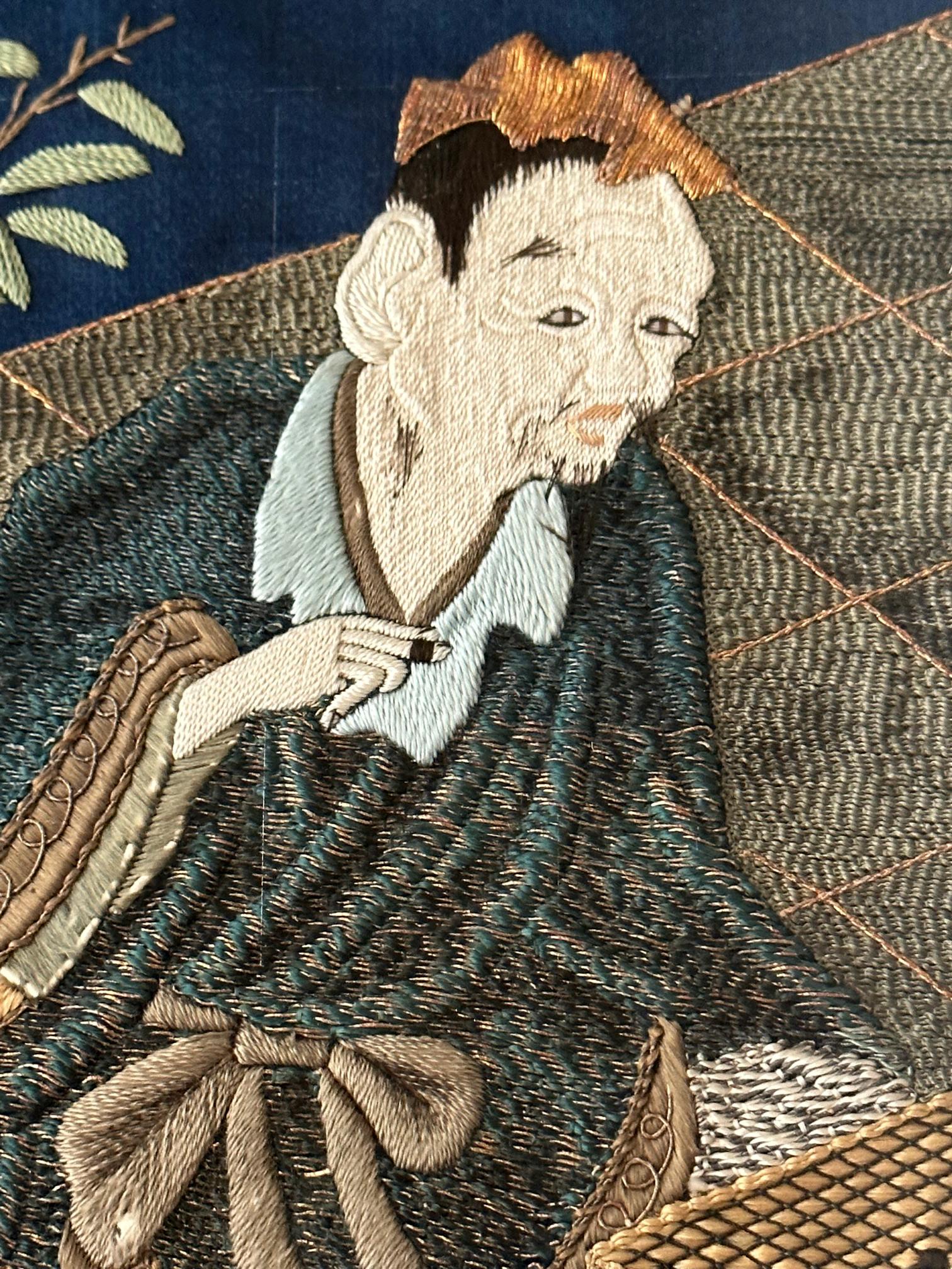Gerahmte antike japanische Fukusa-Textil-Tafel mit Stickerei im Angebot 3