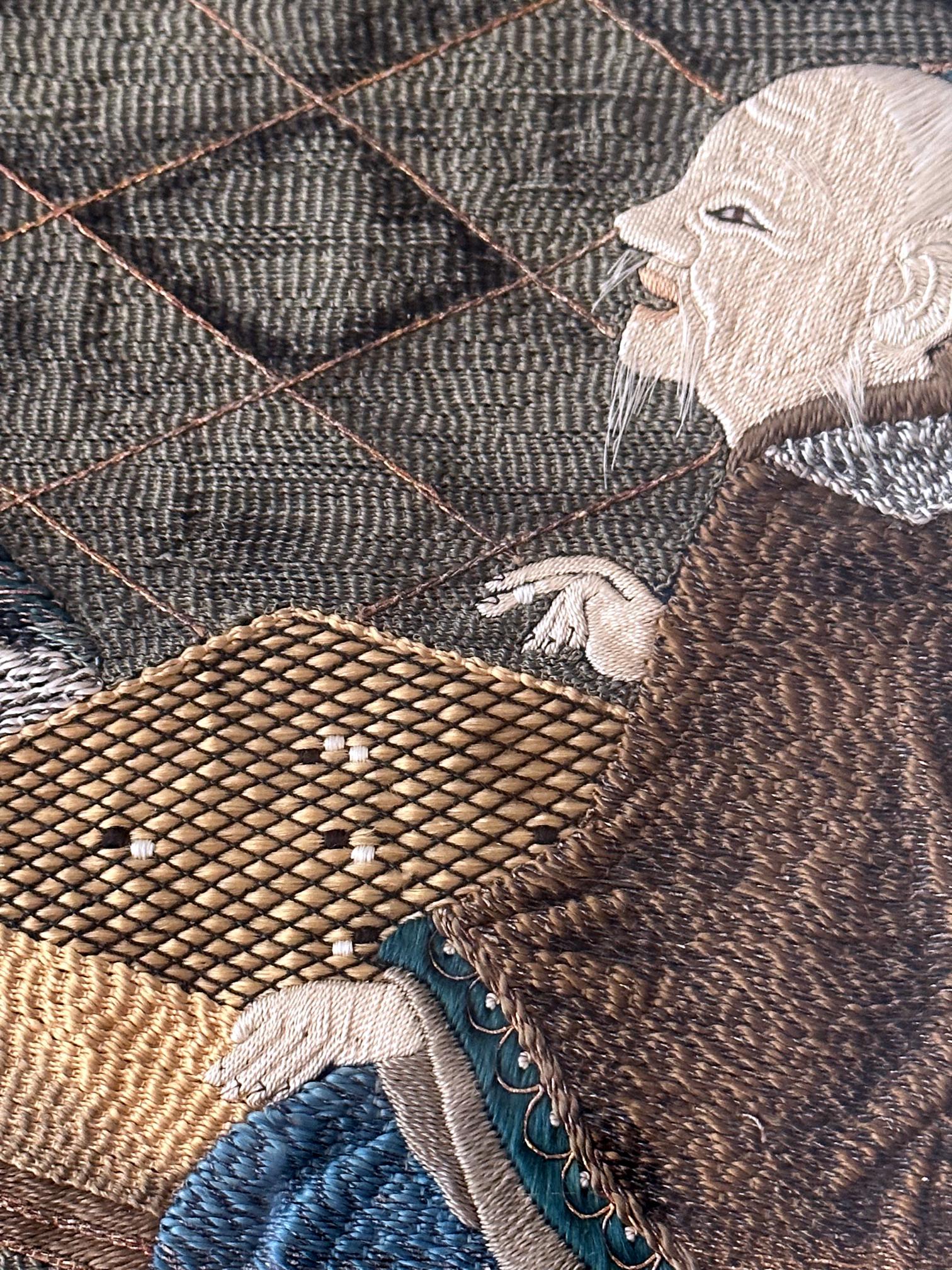 Gerahmte antike japanische Fukusa-Textil-Tafel mit Stickerei im Angebot 4