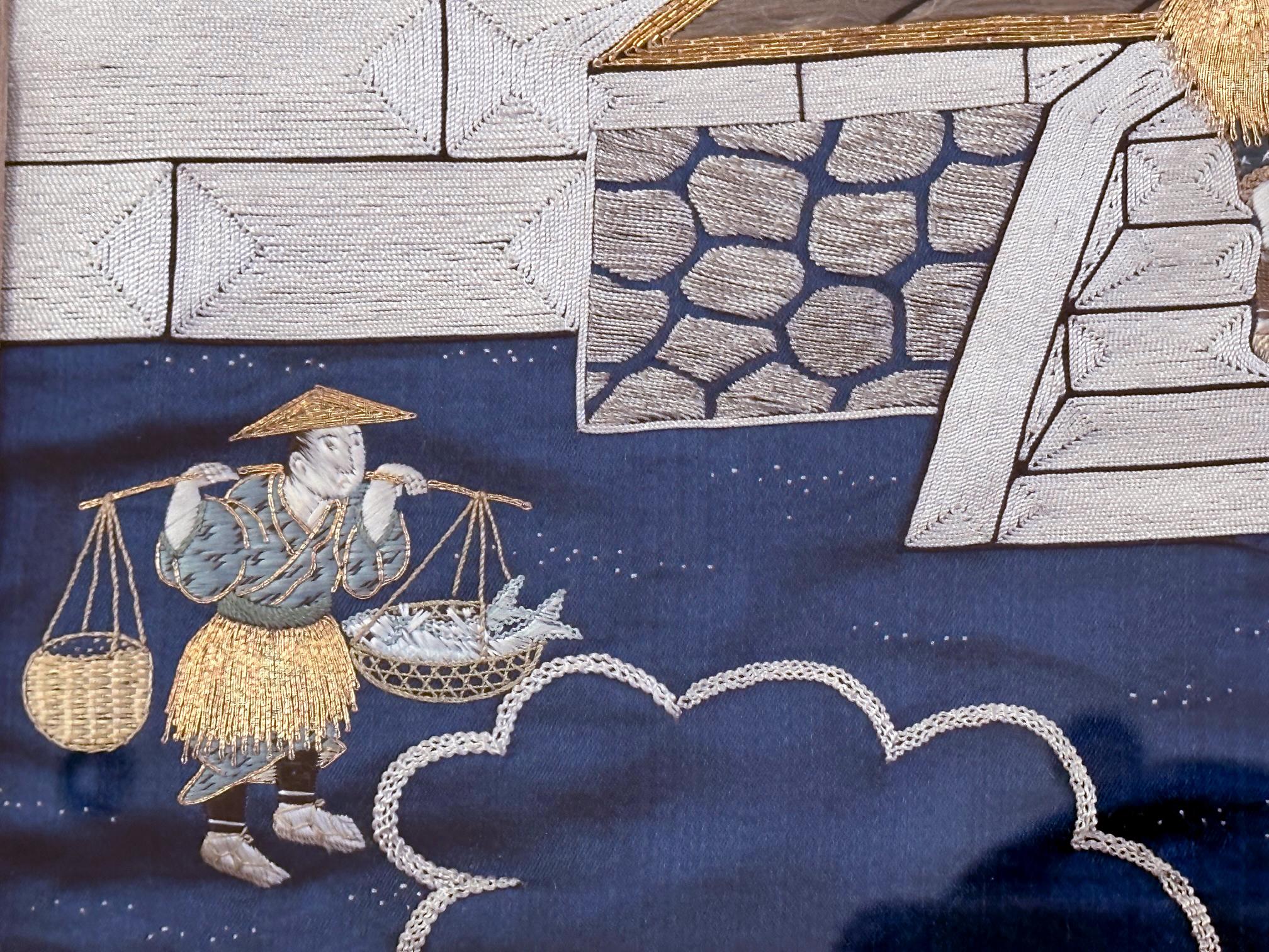 Gerahmte antike japanische Fukusa-Textil-Tafel mit Stickerei im Angebot 5