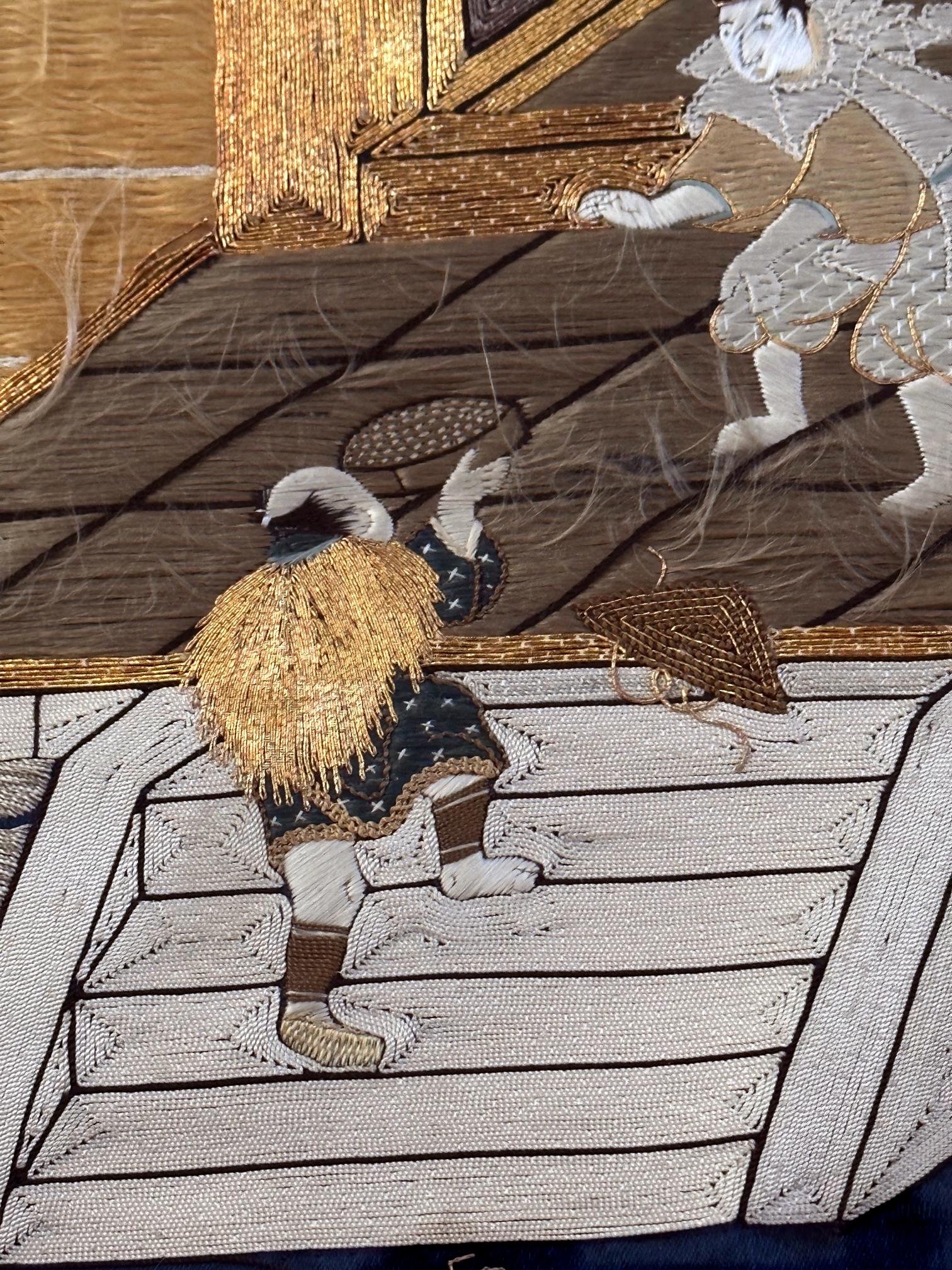 Gerahmte antike japanische Fukusa-Textil-Tafel mit Stickerei im Angebot 8