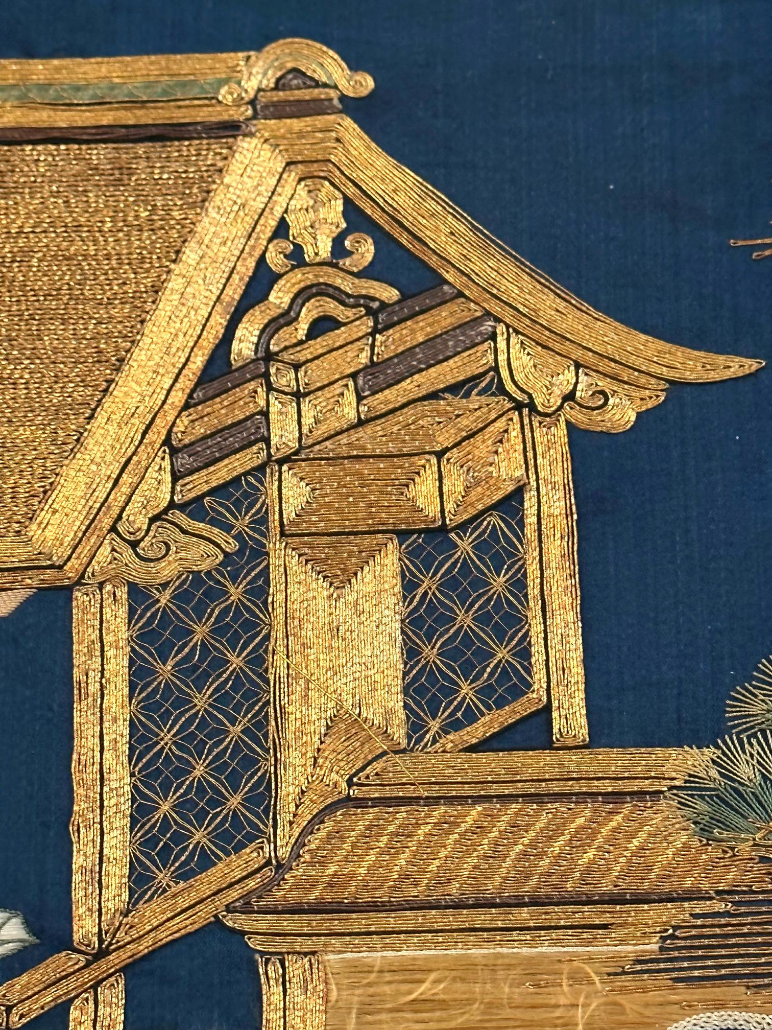 Gerahmte antike japanische Fukusa-Textil-Tafel mit Stickerei im Angebot 10