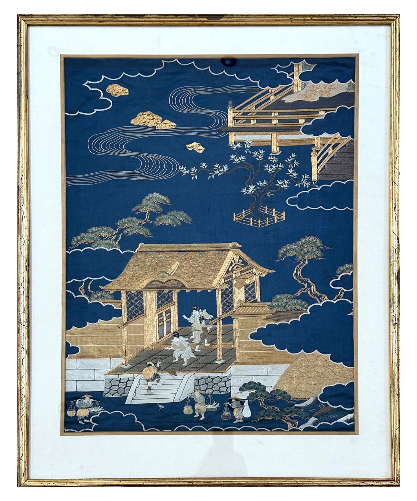 A Japanese silk Fukusa Panel housed in a gilt frame circa late 19th century of Meiji Period. Fukusa is a traditional Japanese textile art used as a wrap for presenting gifts at important occasions. On the deep blue background, the elaborate