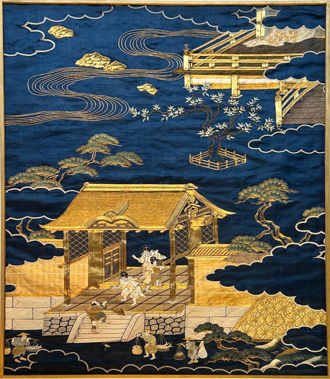 Gerahmte antike japanische Fukusa-Textil-Tafel mit Stickerei im Angebot 13
