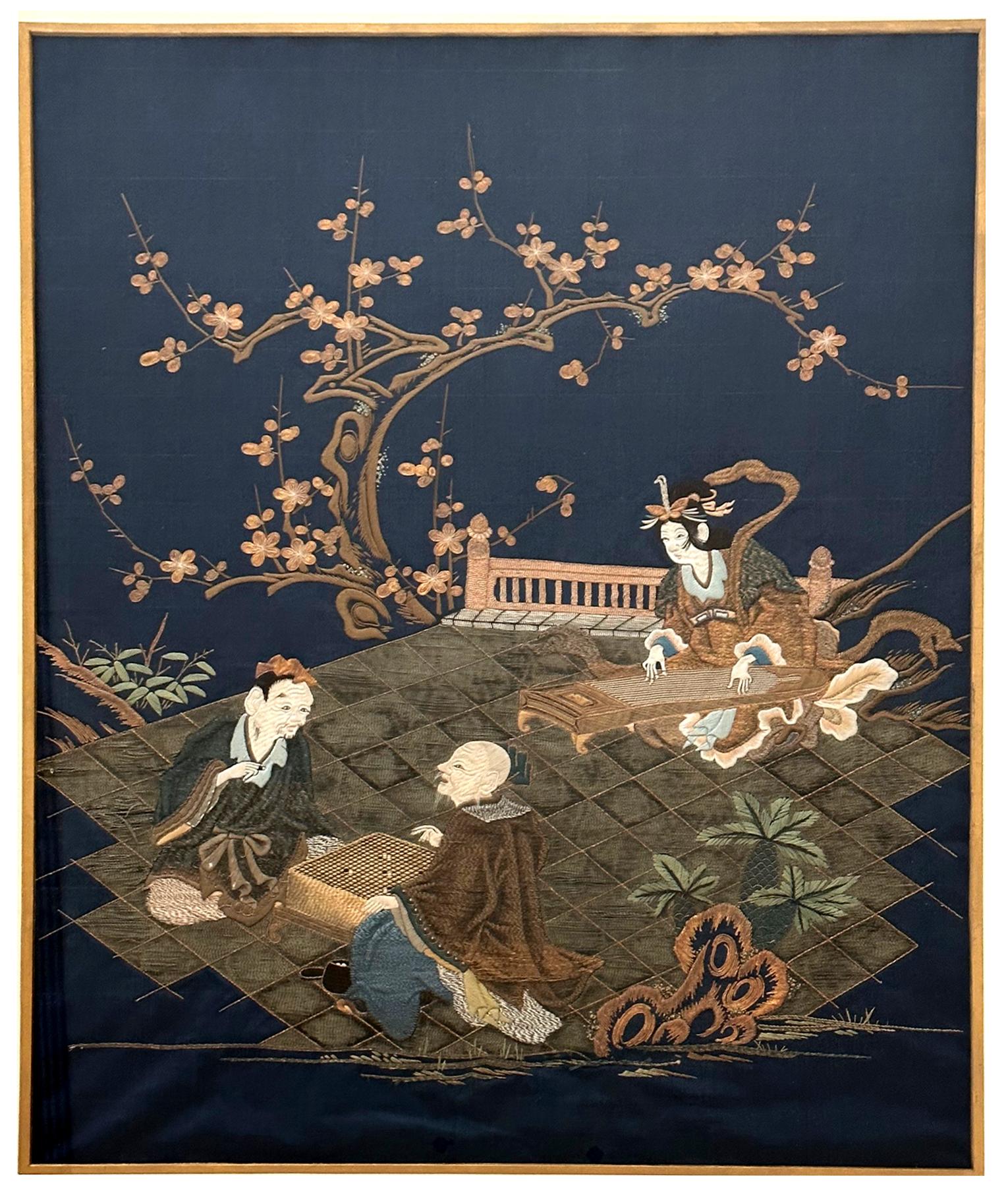 Meiji Framed Antique Japanese Embroidery Fukusa Textile Panel For Sale