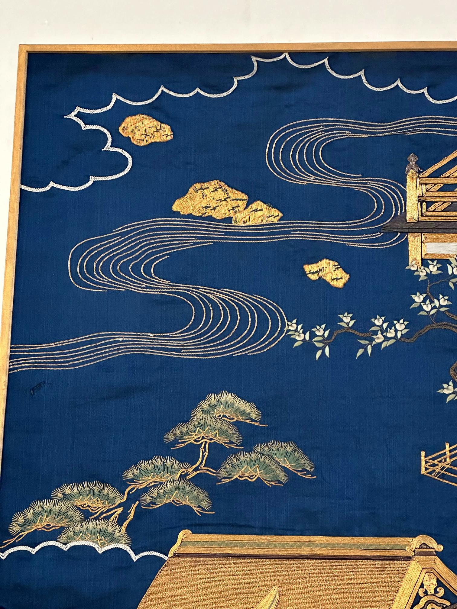 19th Century Framed Antique Japanese Embroidery Fukusa Textile Panel For Sale