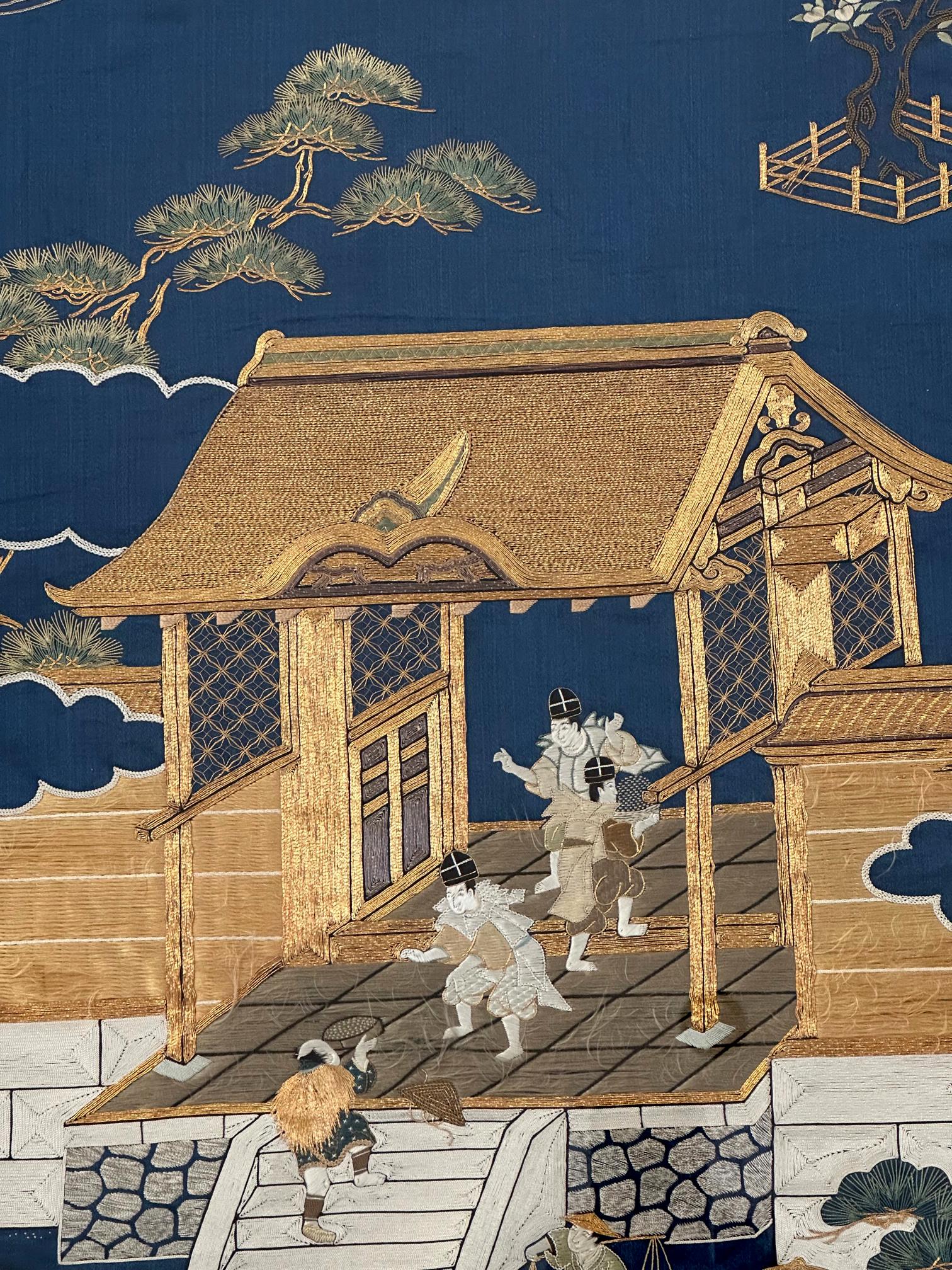 Silk Framed Antique Japanese Embroidery Fukusa Textile Panel For Sale