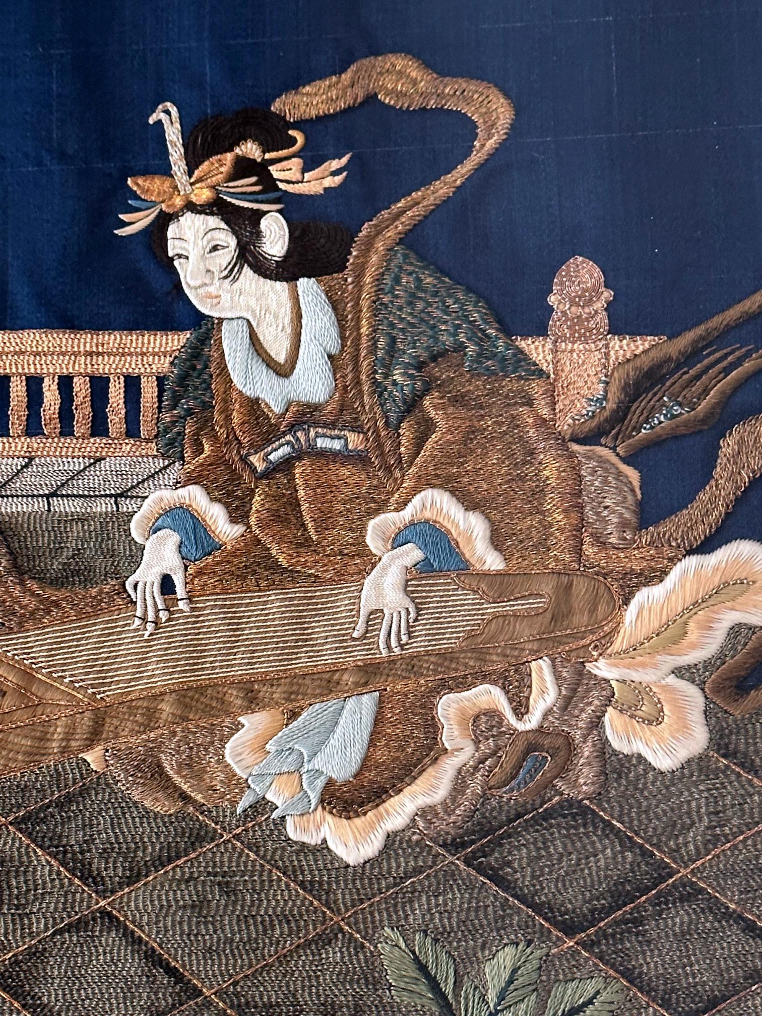 Gerahmte antike japanische Fukusa-Textil-Tafel mit Stickerei (Seide) im Angebot