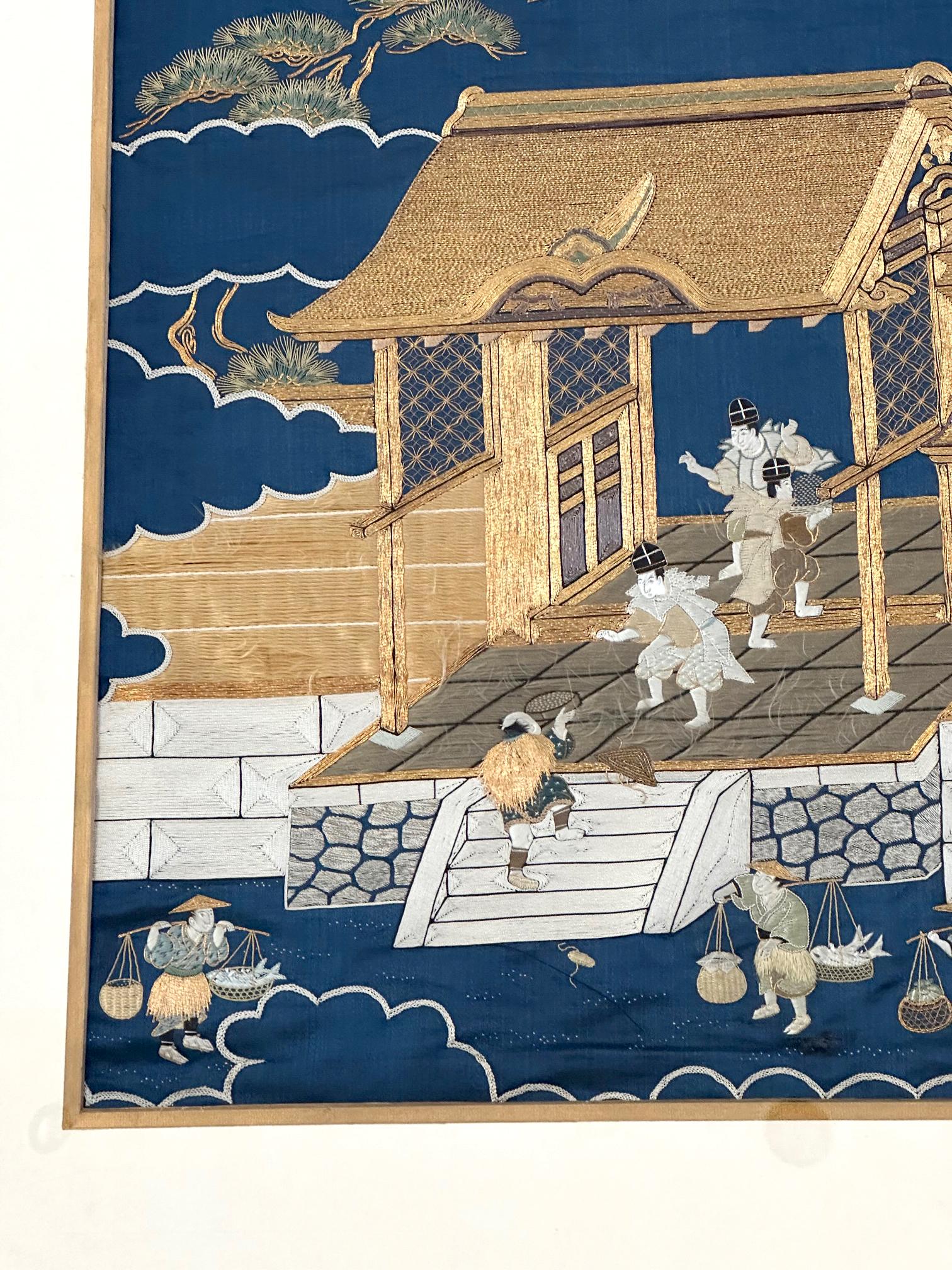 Gerahmte antike japanische Fukusa-Textil-Tafel mit Stickerei (Seide) im Angebot