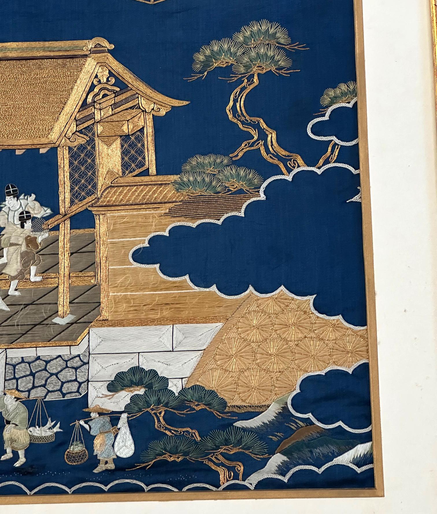 Gerahmte antike japanische Fukusa-Textil-Tafel mit Stickerei im Angebot 1