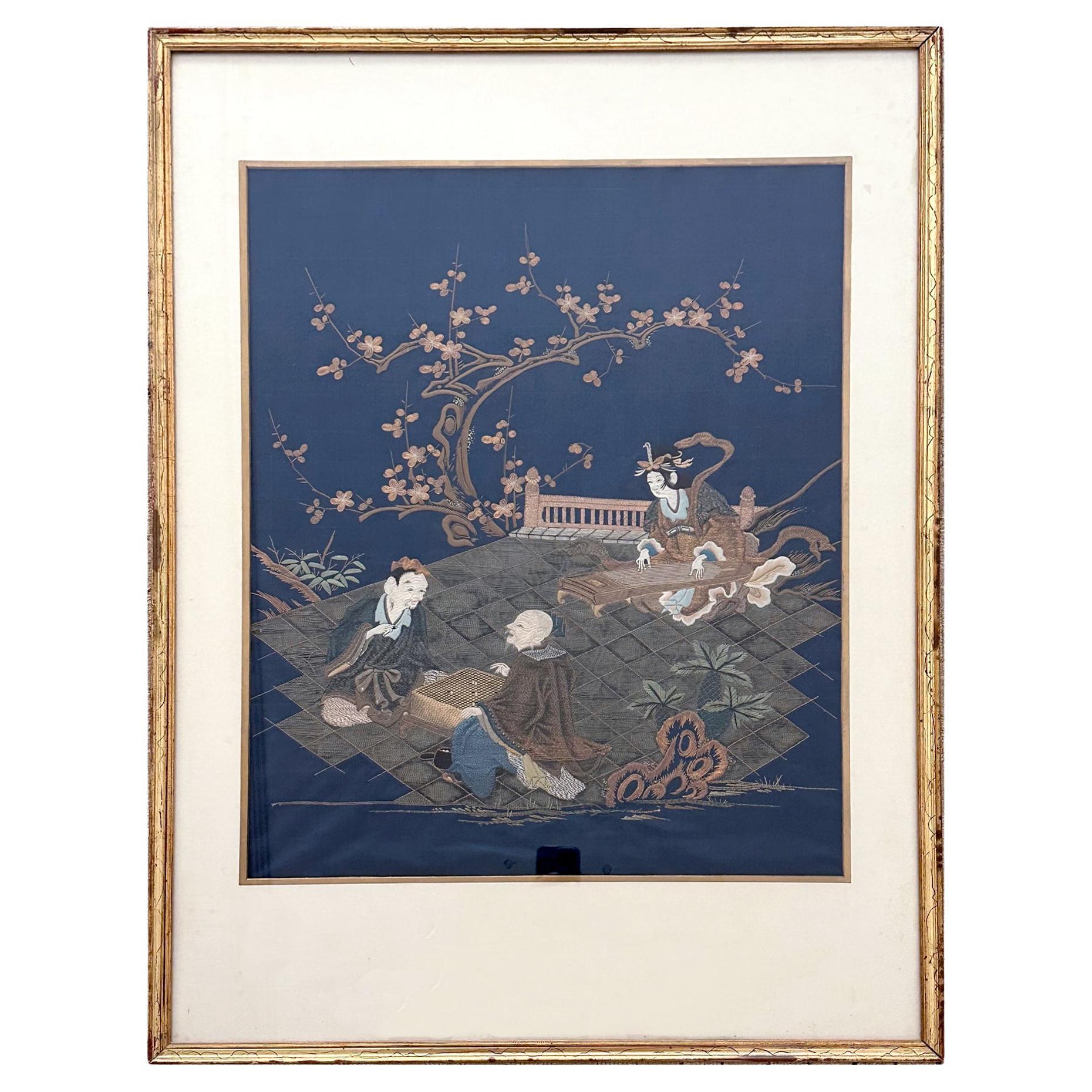 Gerahmte antike japanische Fukusa-Textil-Tafel mit Stickerei