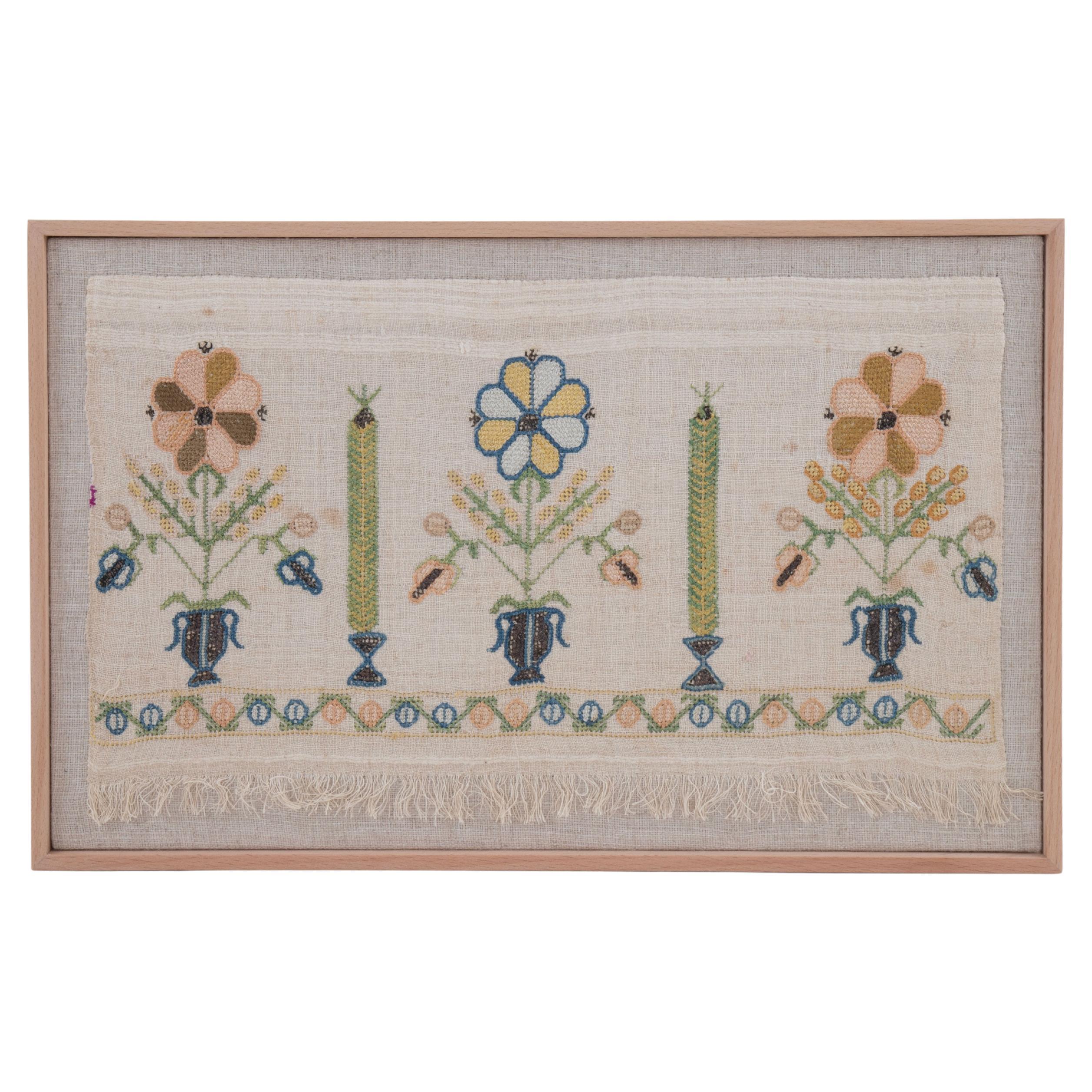 Framed Antique Ottoman Embroidery Fragment , 19th C.