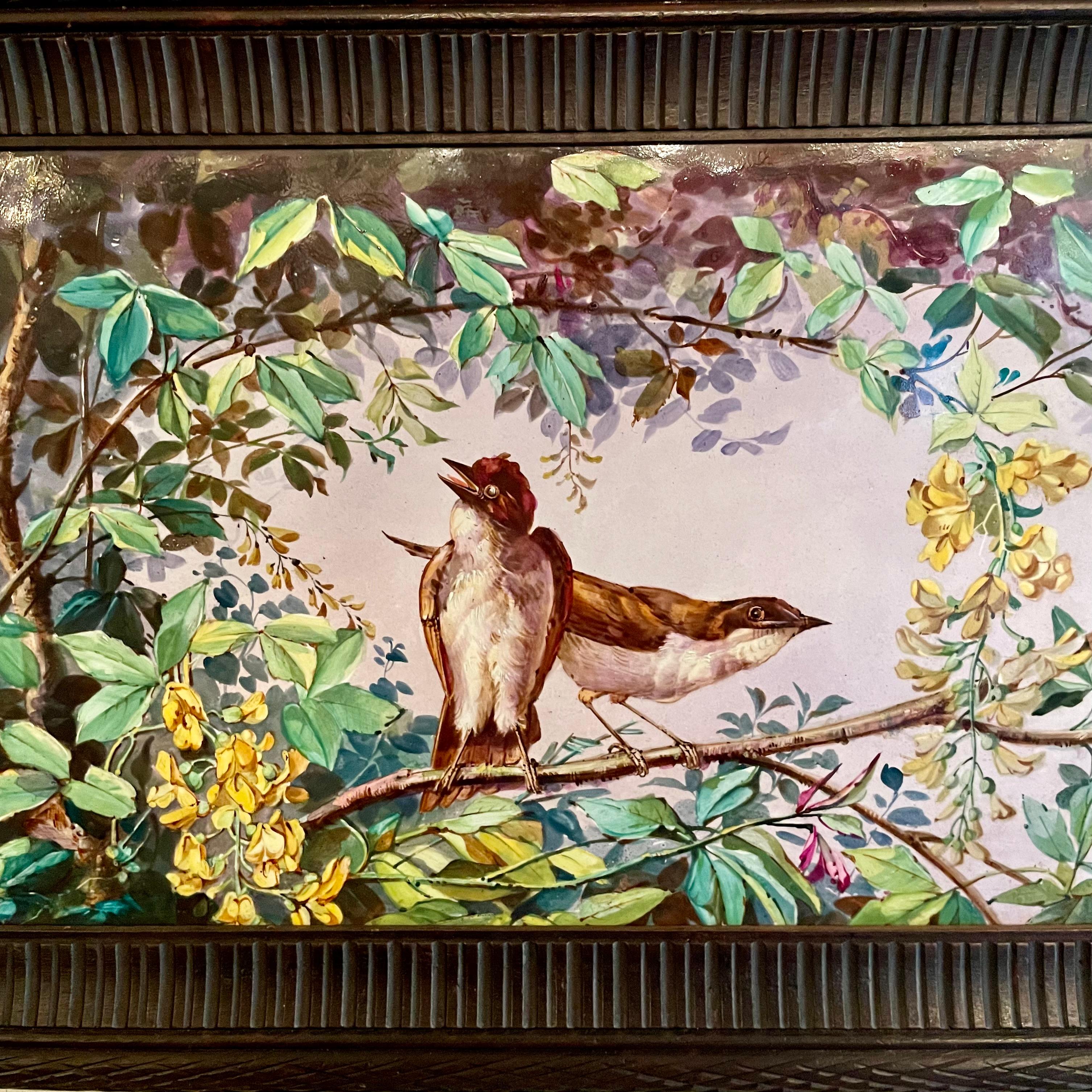 Framed Antique Painted Porcelain Wall Plaque of Birds on a Limb, Circa 1890-1900.