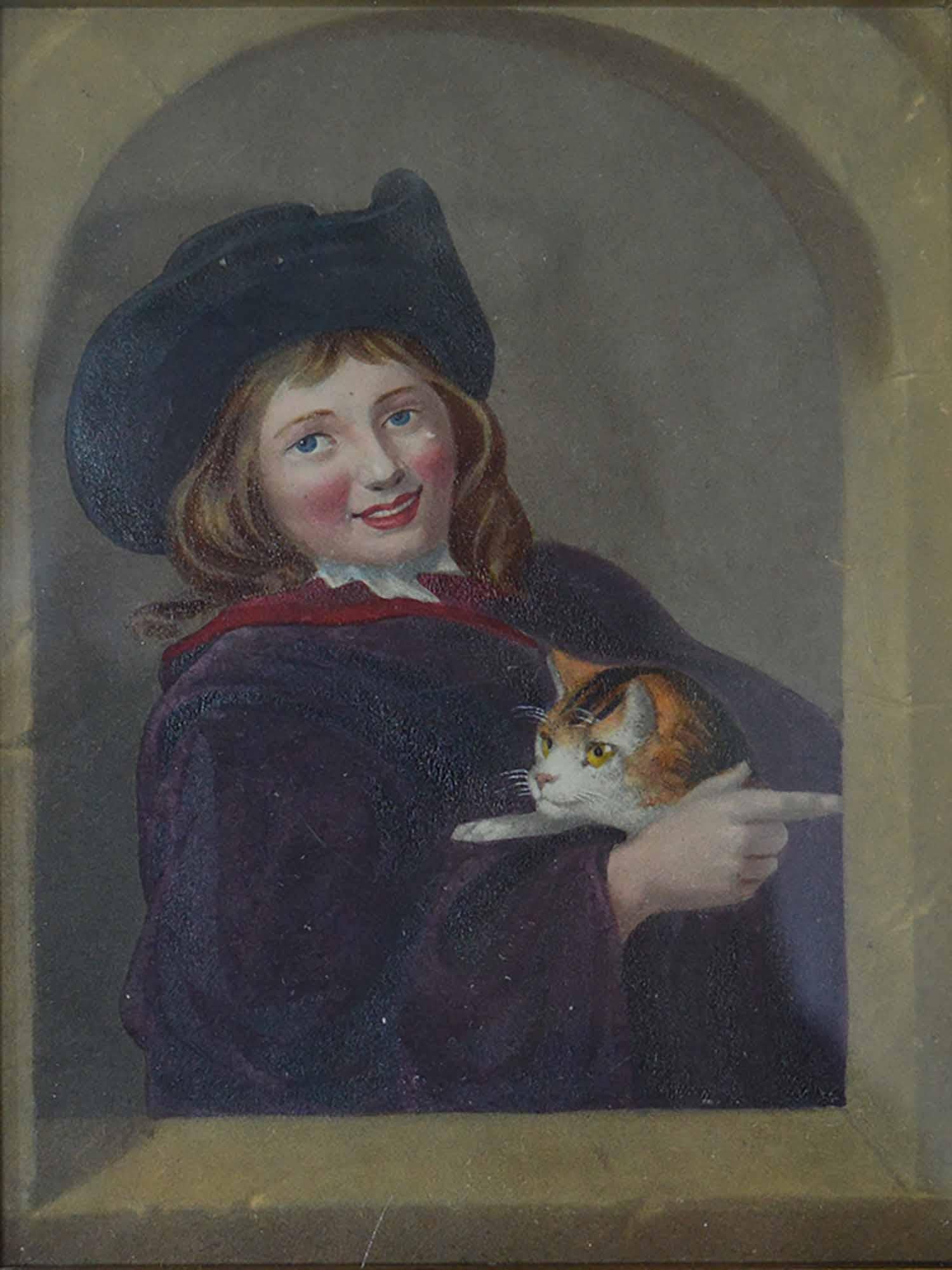 Victorian Framed Antique Print of a Boy Holding a Cat, English, circa 1850