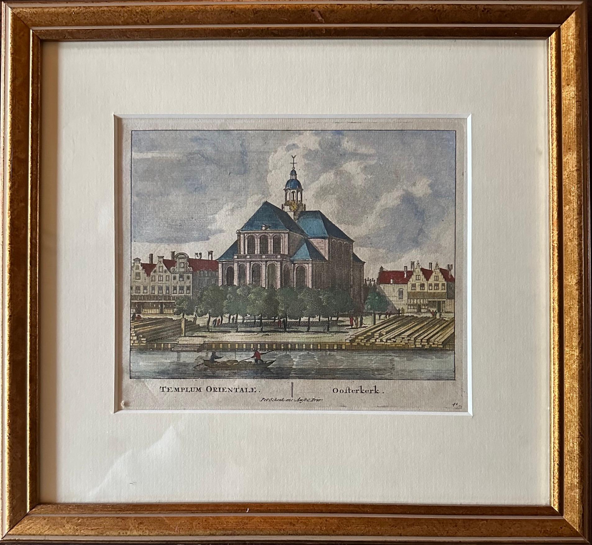 Original hand-coloured engraving anno 1710 with title: Templum Orientale / Oosterkerk.

The Oosterkerk is a 17th-century church building on the Wittenburgergracht in Wittenburg (Amsterdam). The church was built in the period 1669-1671 according to a