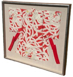 Framed Antique Red and White Children’s Kimono with Pheasant Patterns