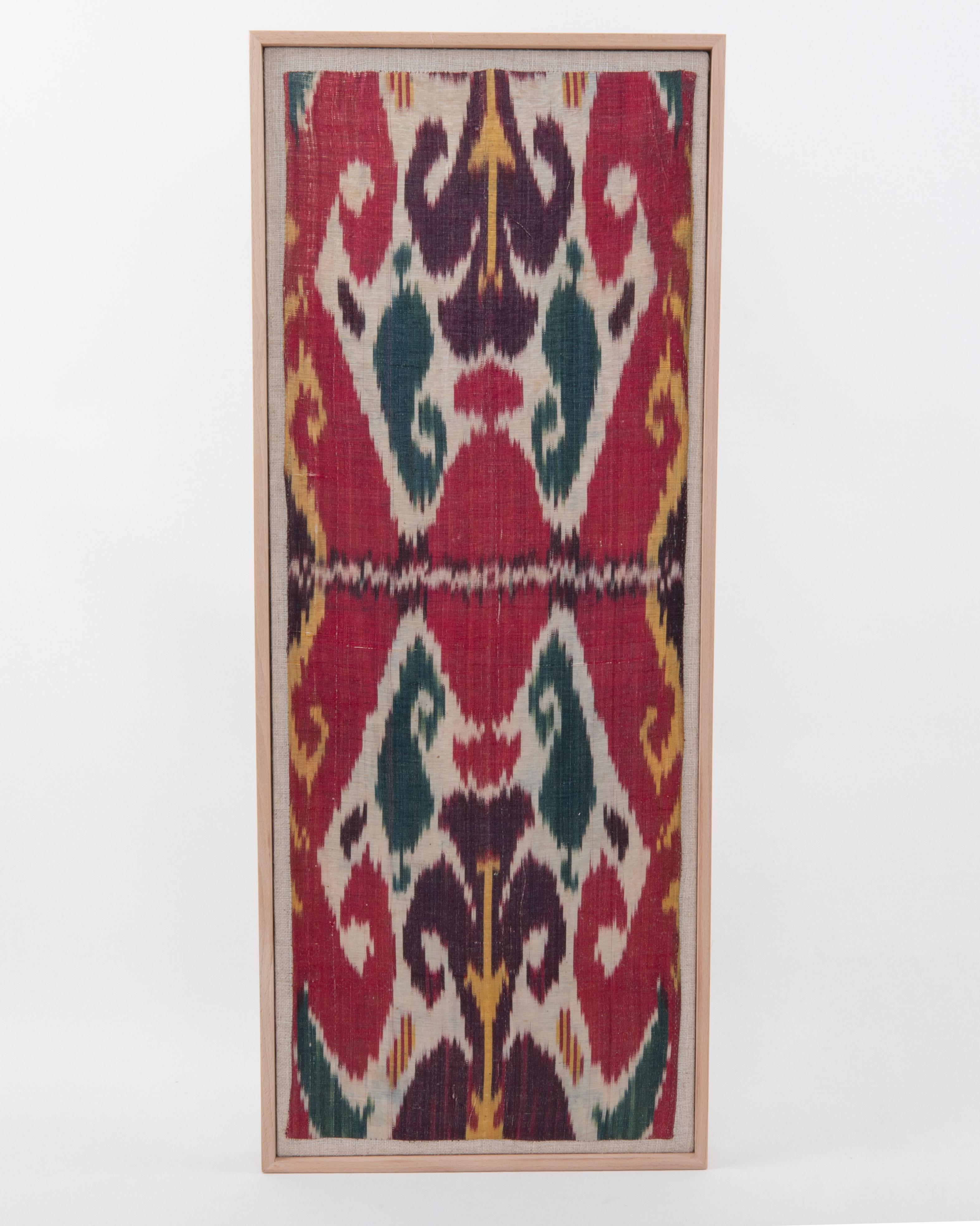 First the fragment has been hand backed on a linen fabric, then stretched over a wooden stretcher and finished with a wooden frame.
Late 19th C. Uzbekistan
Ready to go on a wall.

Framed Item above is made from a used and antique embroidery