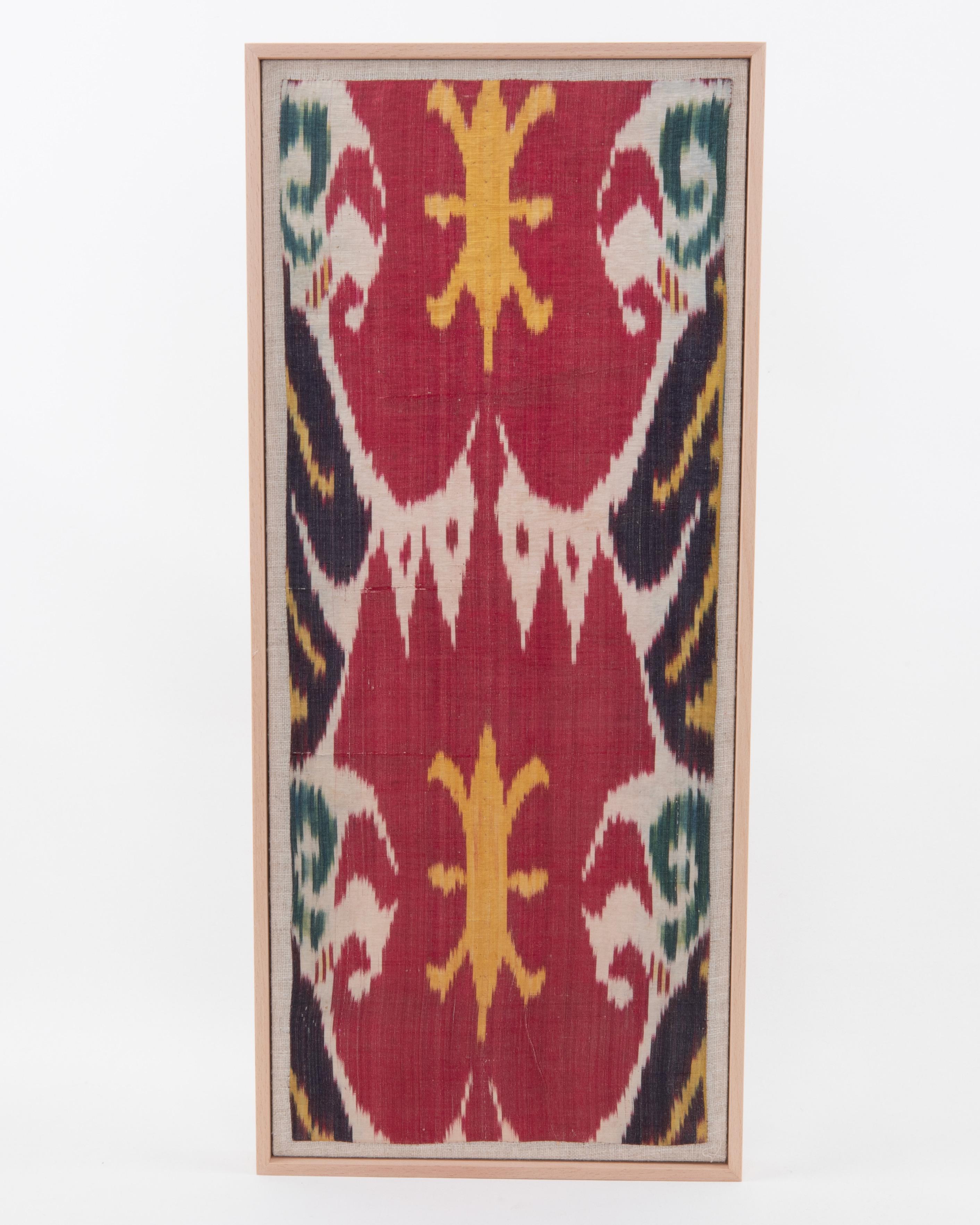 First the fragment has been hand backed on a linen fabric, then stretched over a wooden stretcher and finished with a wooden frame.
Late 19th C. Uzbekistan
Ready to go on a wall.

Framed Item above is made from a used and antique embroidery