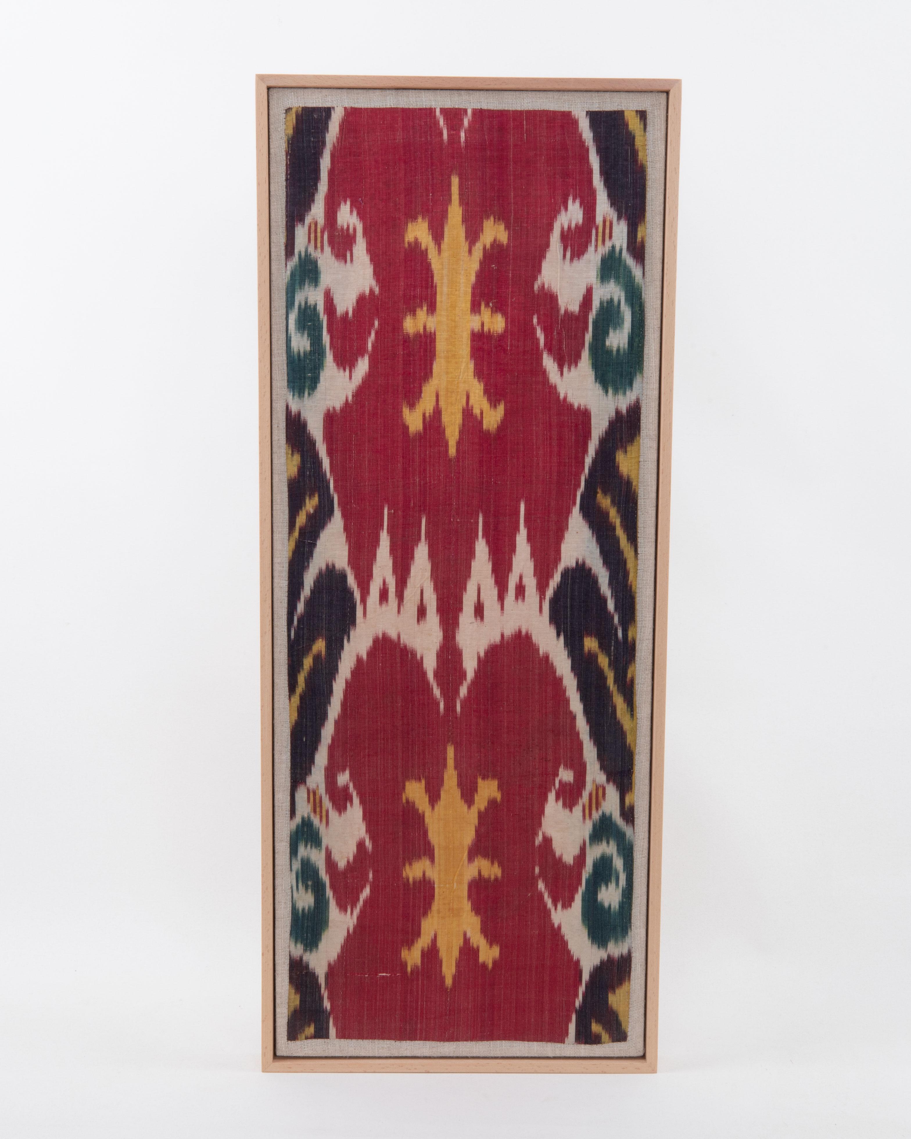 First the fragment has been hand backed on a linen fabric, then stretched over a wooden stretcher and finished with a wooden frame.
Late 19th C. Tajikstan
Ready to go on a wall.

Framed Item above is made from a used and antique embroidery therefore