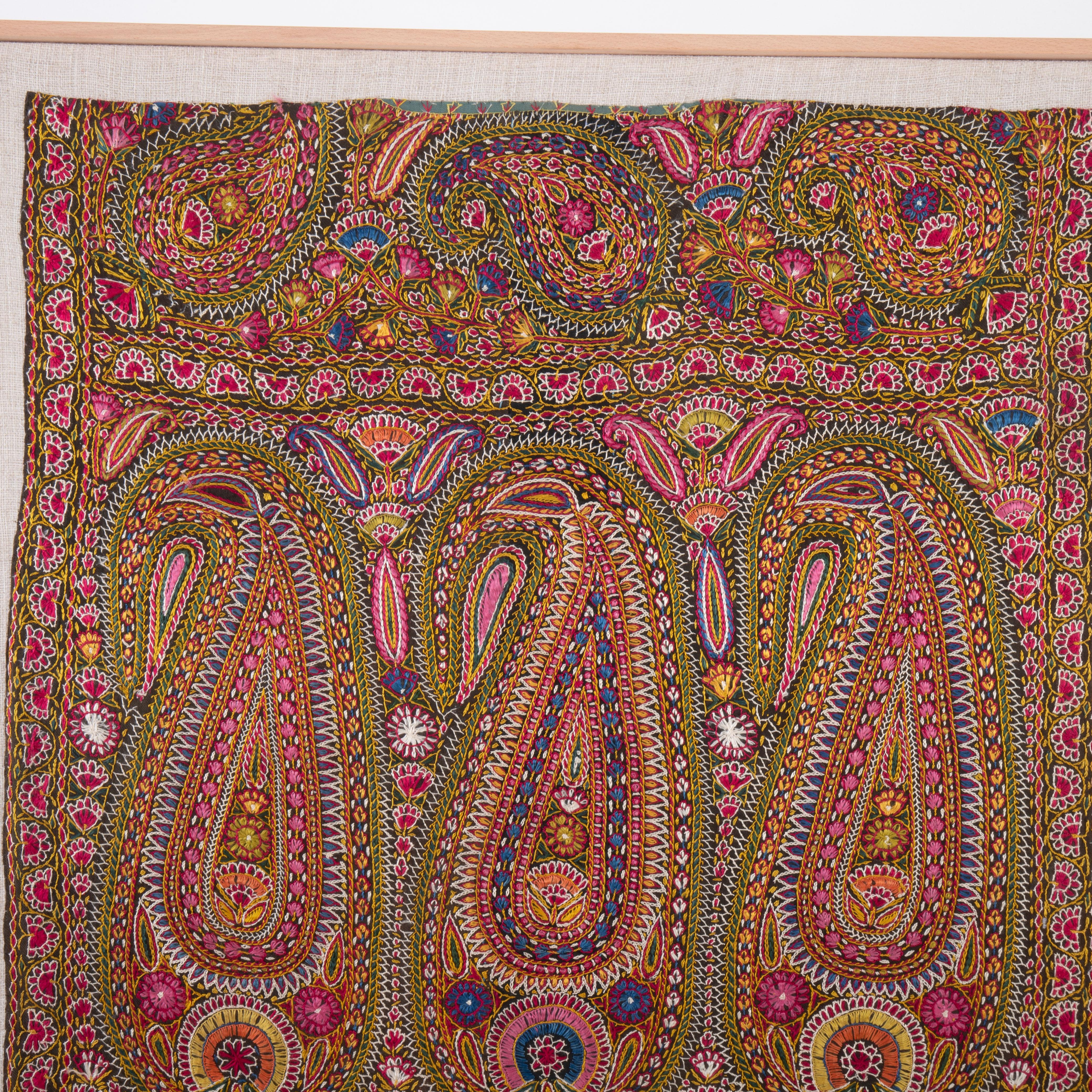 Folk Art Framed Antique silk Embroidered Delhi Shawl Half, early 20th Century. For Sale
