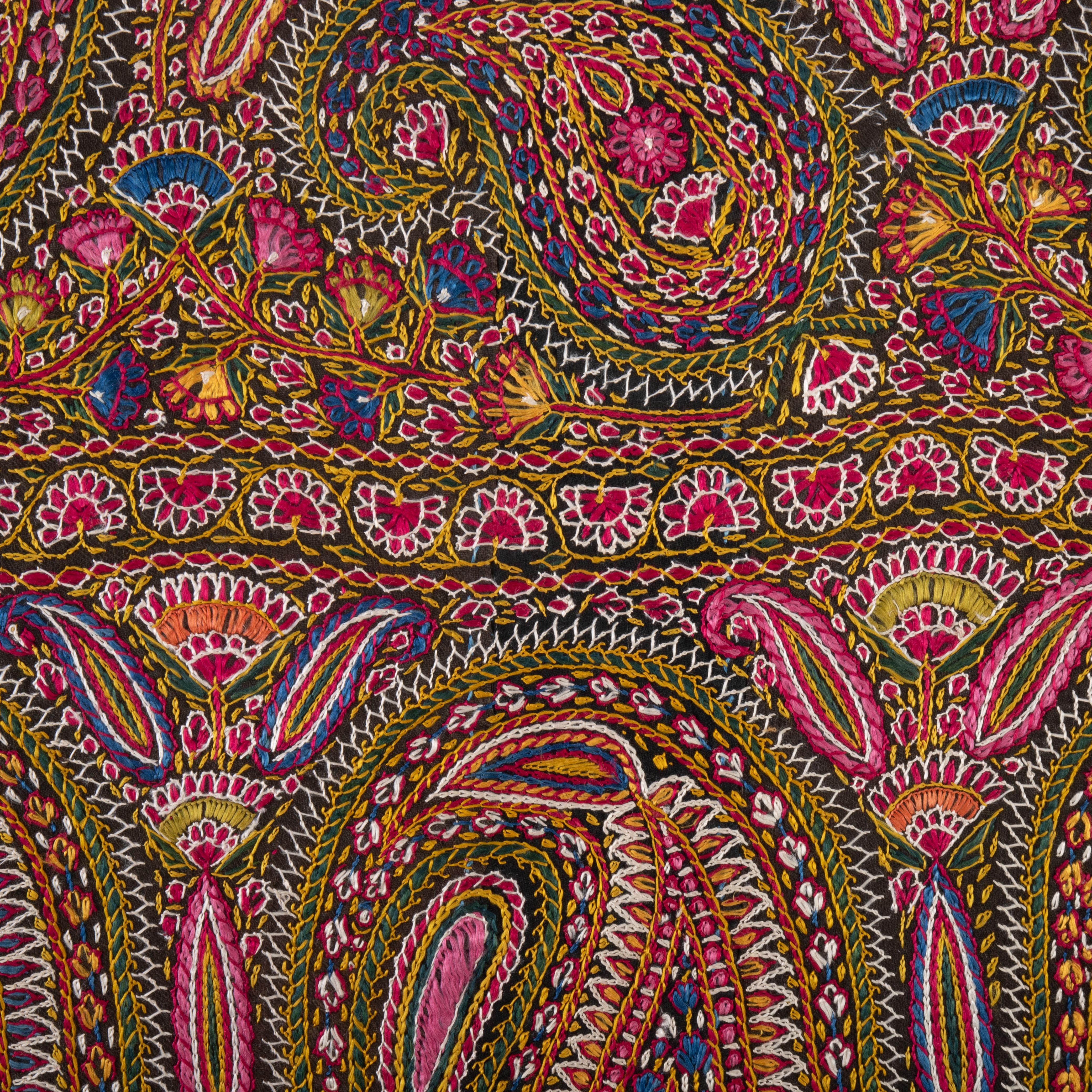 Indian Framed Antique silk Embroidered Delhi Shawl Half, early 20th Century. For Sale