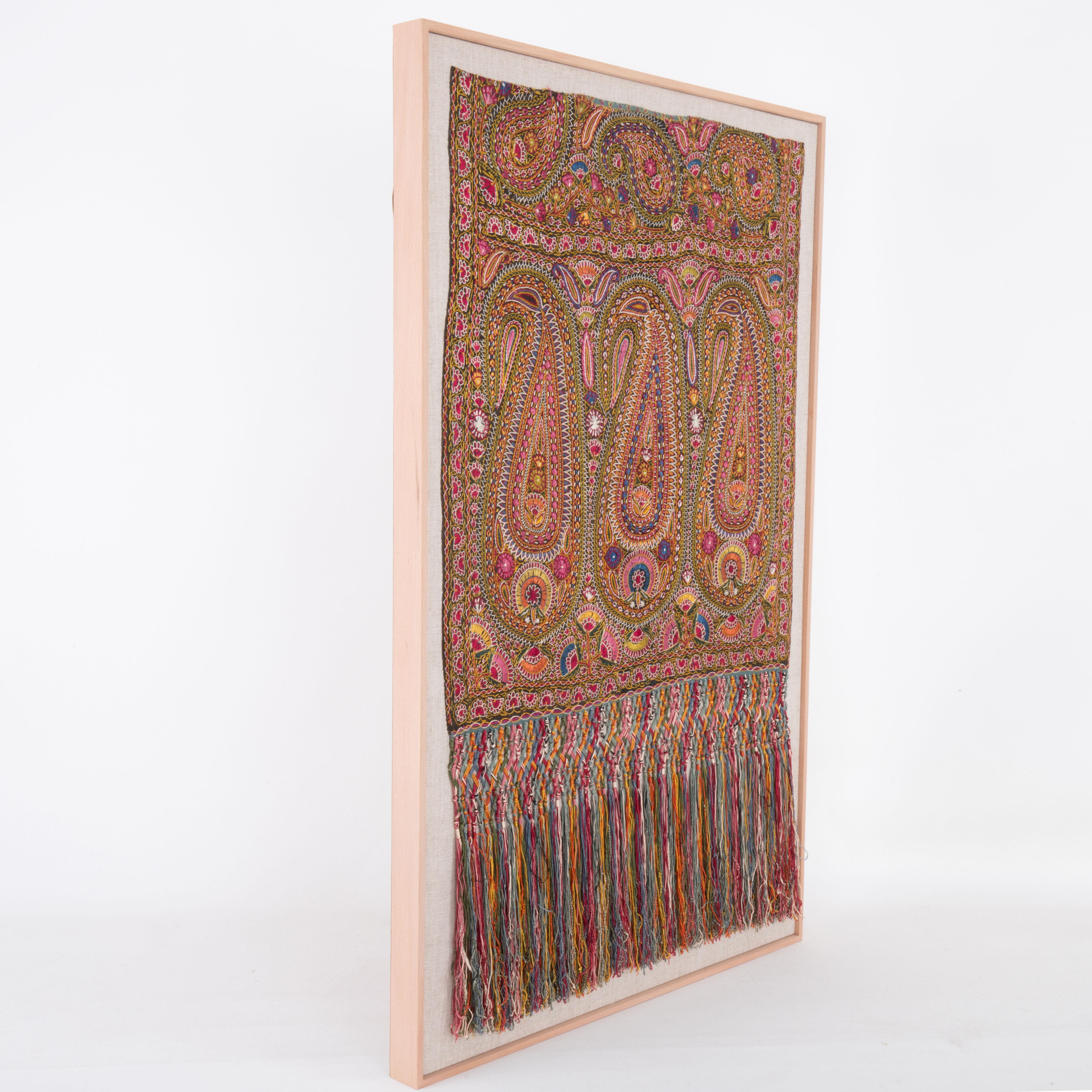 Framed Antique silk Embroidered Delhi Shawl Half, early 20th Century. For Sale 1
