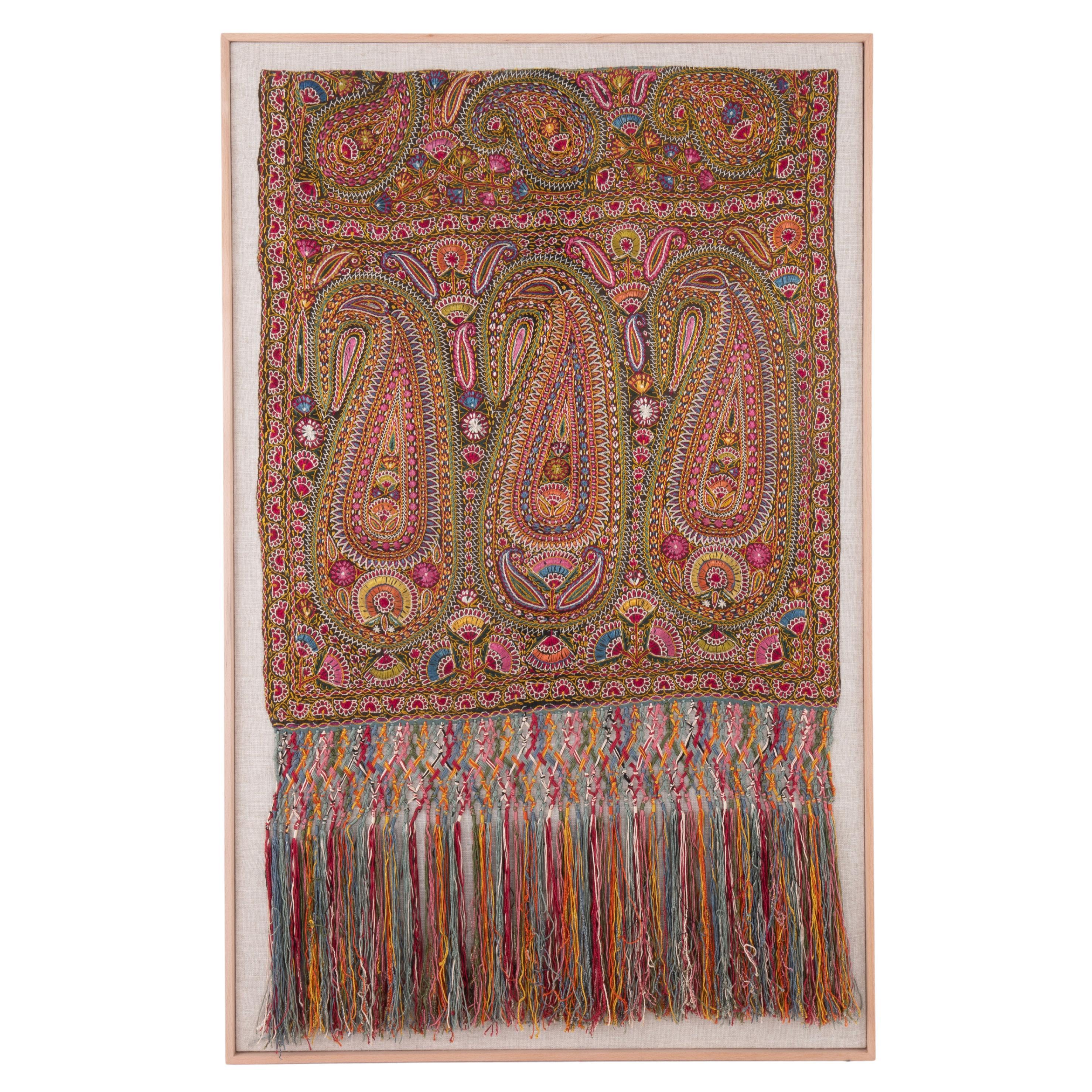 Framed Antique silk Embroidered Delhi Shawl Half, early 20th Century.