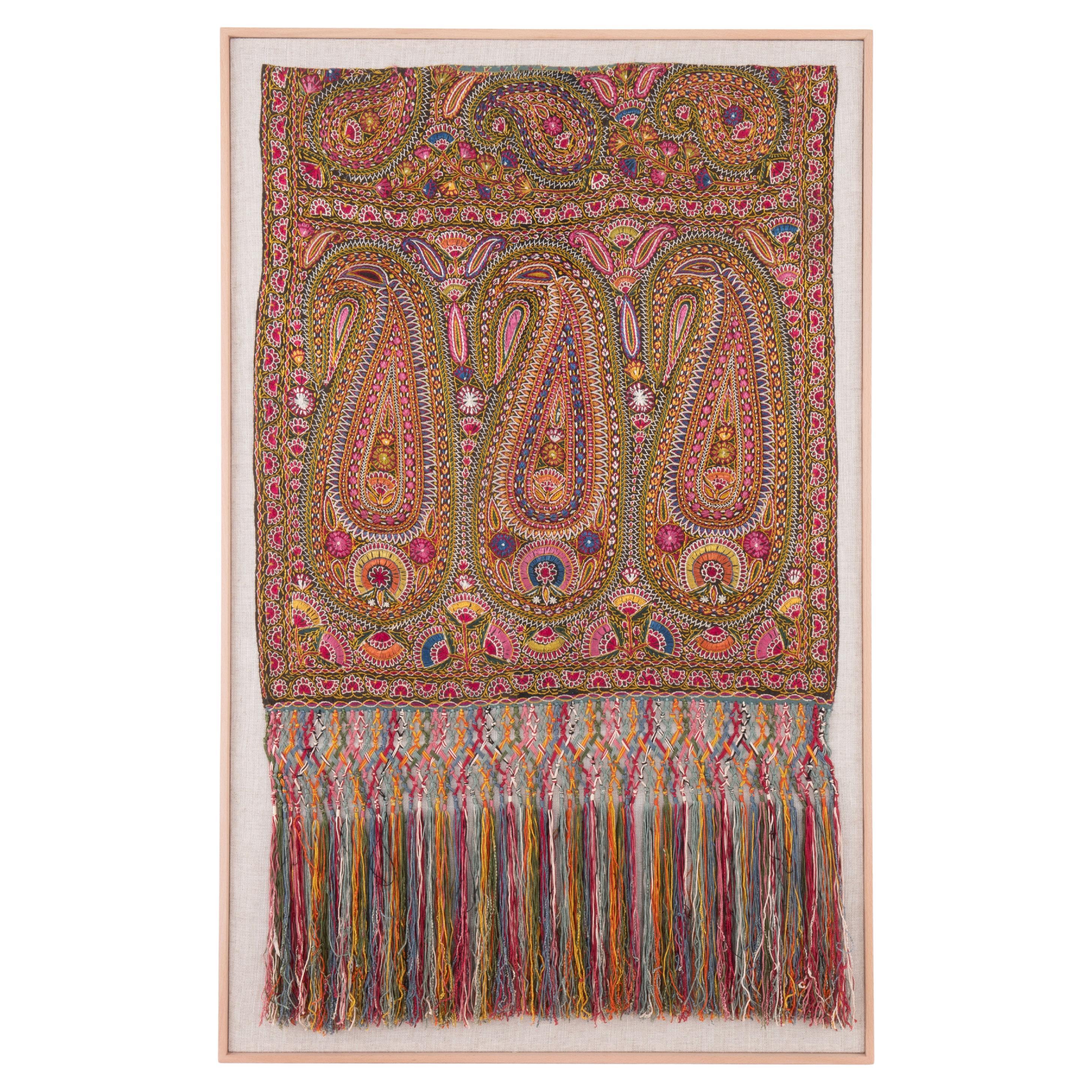 Framed Antique silk Embroidered Delhi Shawl Half, early 20th Century. For Sale