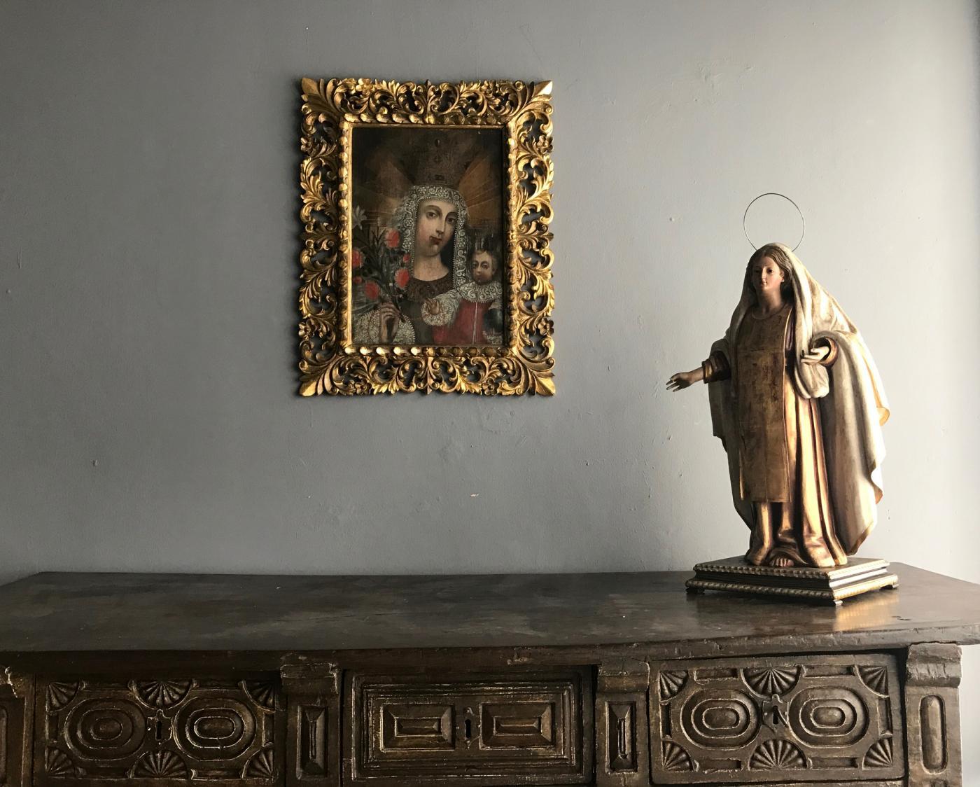Péruvien Peinture coloniale espagnole ancienne encadrée, École de Cuzco en vente