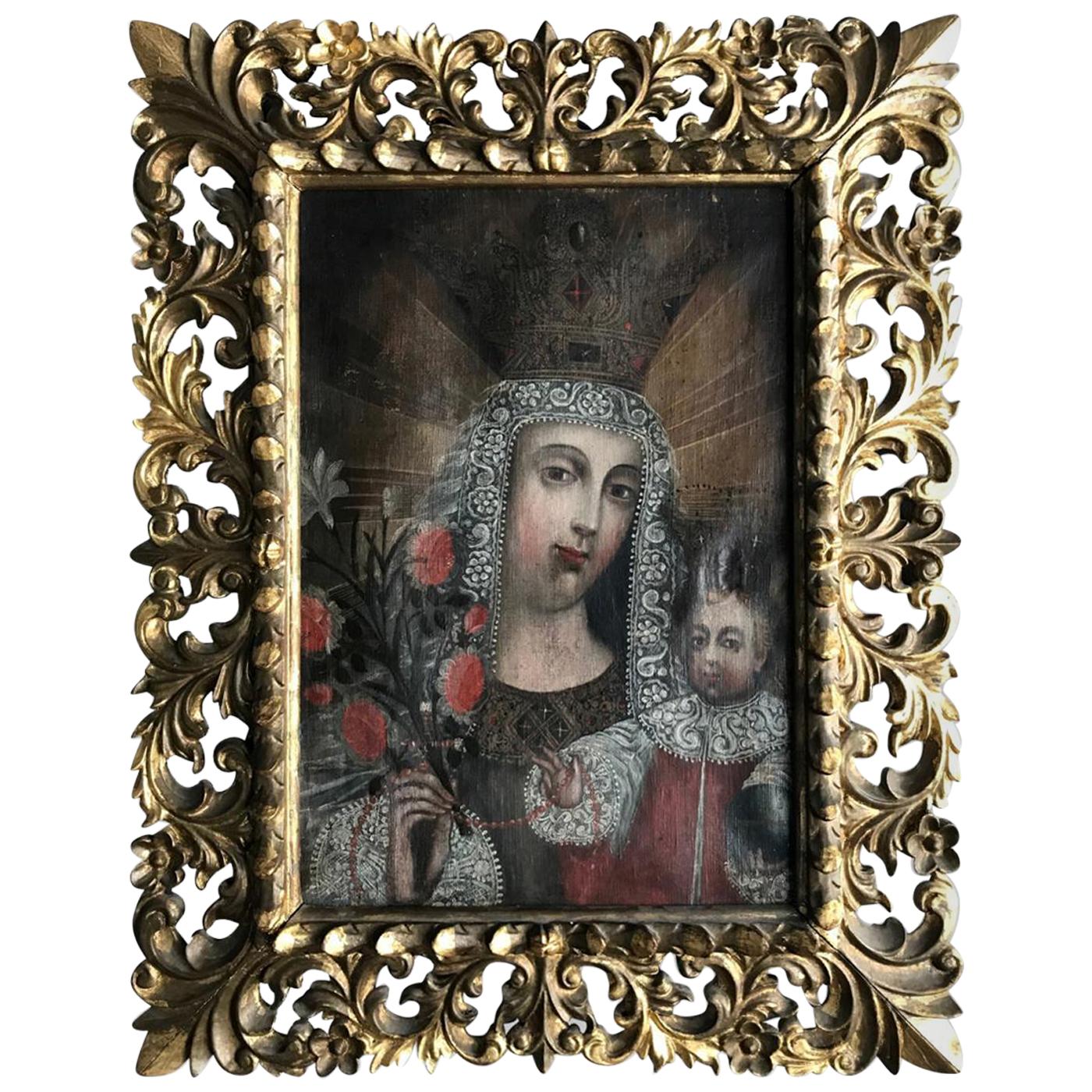 Framed Antique Spanish Colonial Painting Cuzco School For Sale