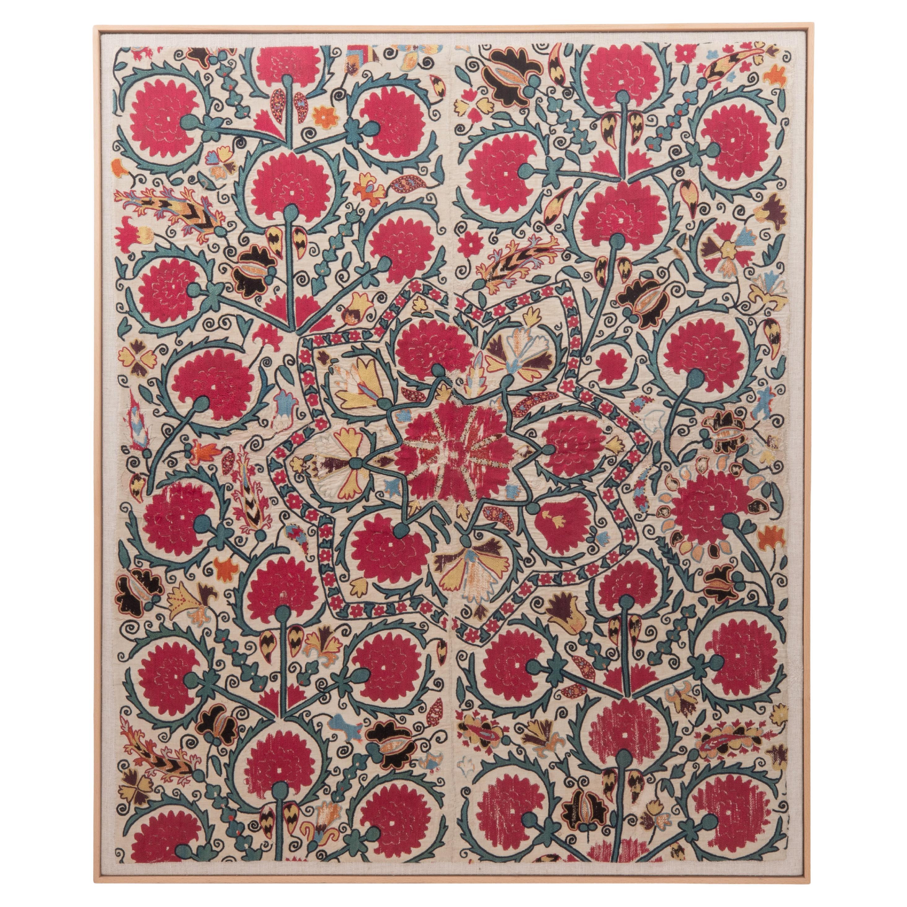 Framed Antique Suzani Embroidery Fragment, 19th C.