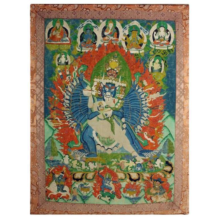 Framed Antique Tibetan Buddhist Thangka For Sale