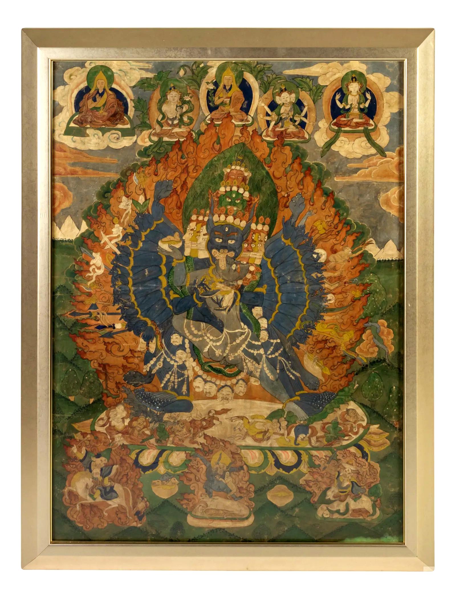 An antique Tibetan Thangka with polychrome pigments on cloth, circa mid to late 19th century. It depicts Yamantaka, also known as Vajrabhairava, who is a wrathful manifestation of Manjusri, the bodhisattva of wisdom, and in other contexts he also