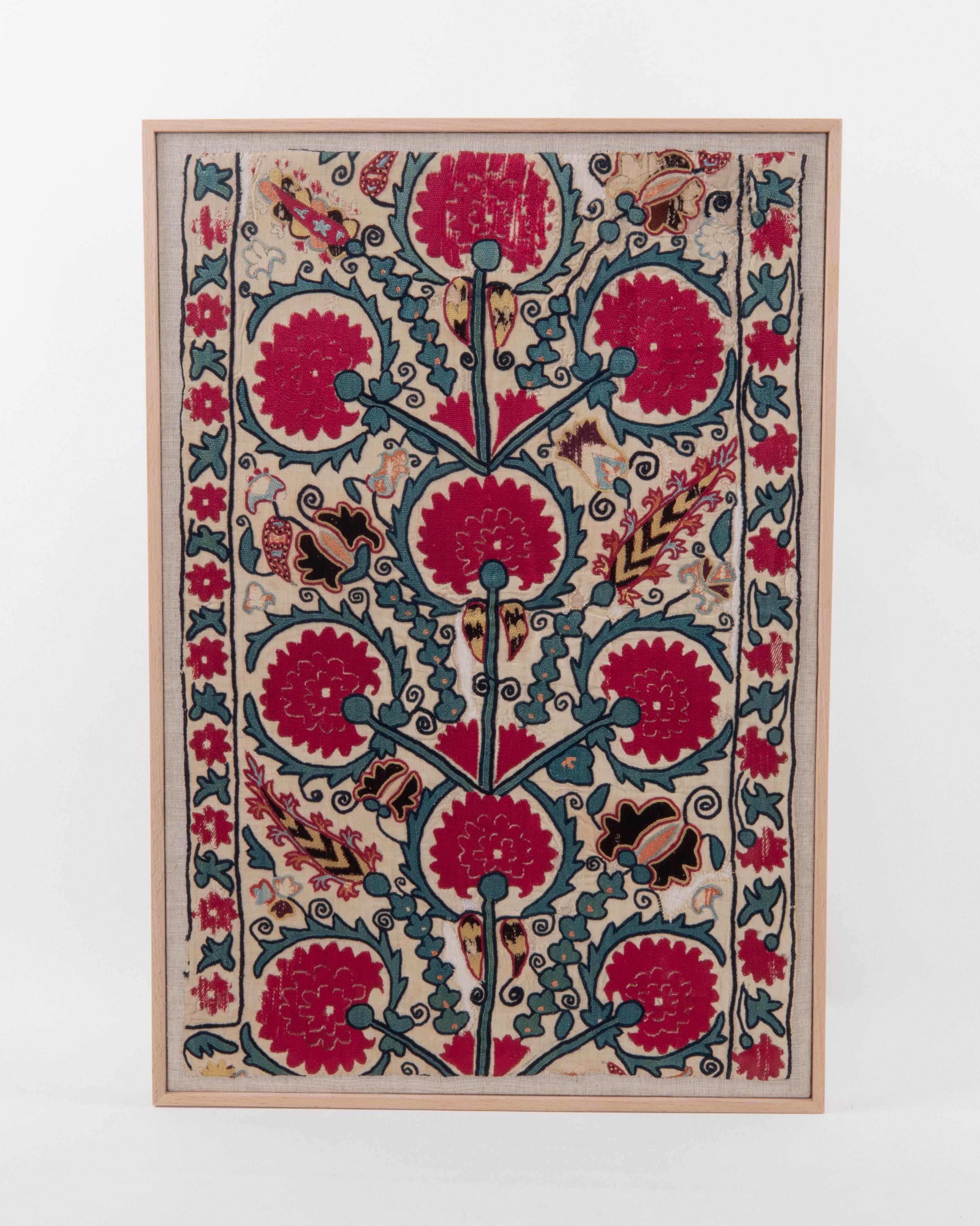 First the fragment has been hand backed on a linen fabric, then stretched over a wooden stretcher and finished with a wooden frame.
Late 19th C. Tajikstan
Ready to go on a wall.

Framed Item above is made from a used and antique embroidery therefore