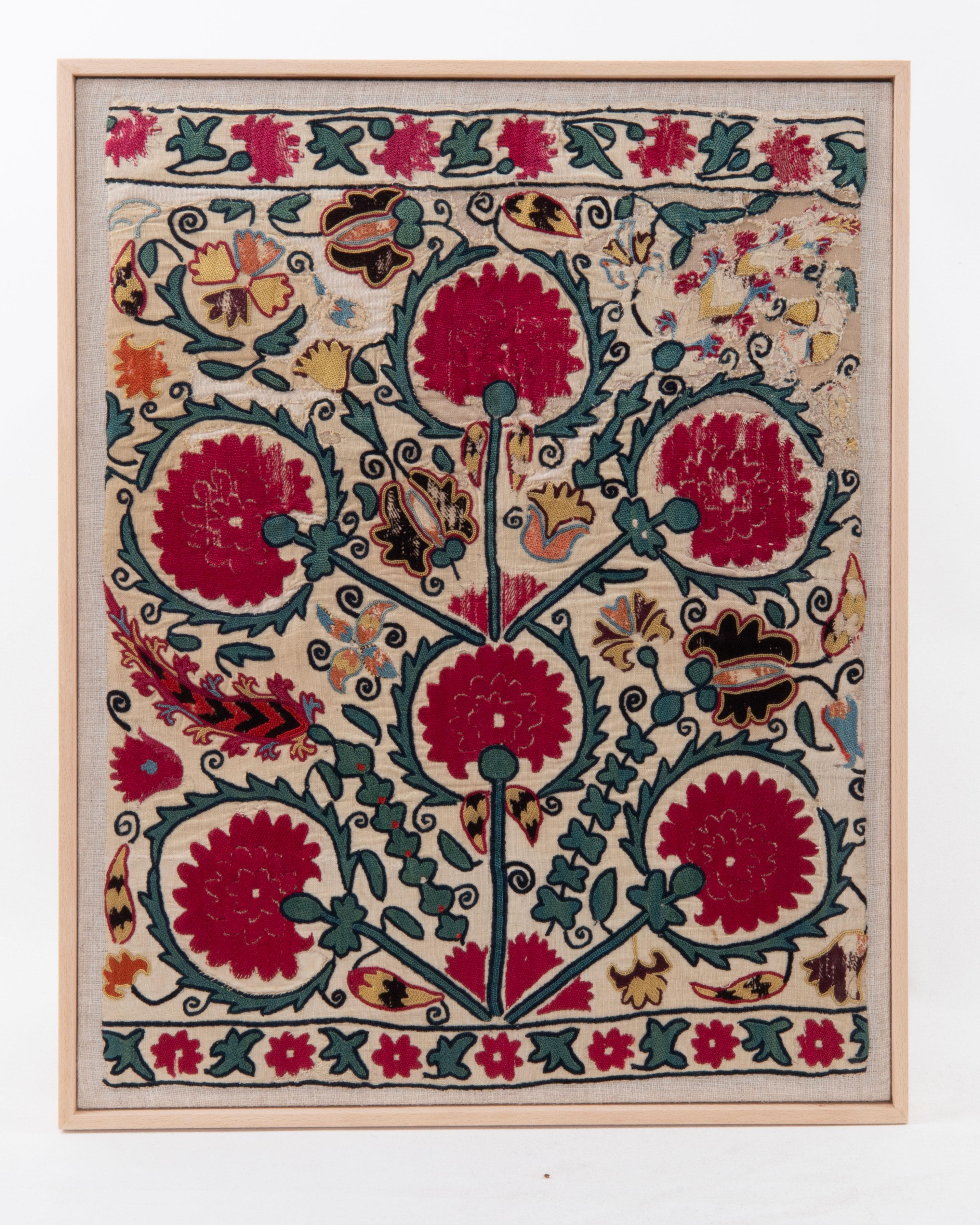 
First the fragment has been hand backed on a linen fabric, then stretched over a wooden stretcher and finished with a wooden frame.
Late 19th C. Tajikstan
Ready to go on a wall.

Framed Item above is made from a used and antique embroidery