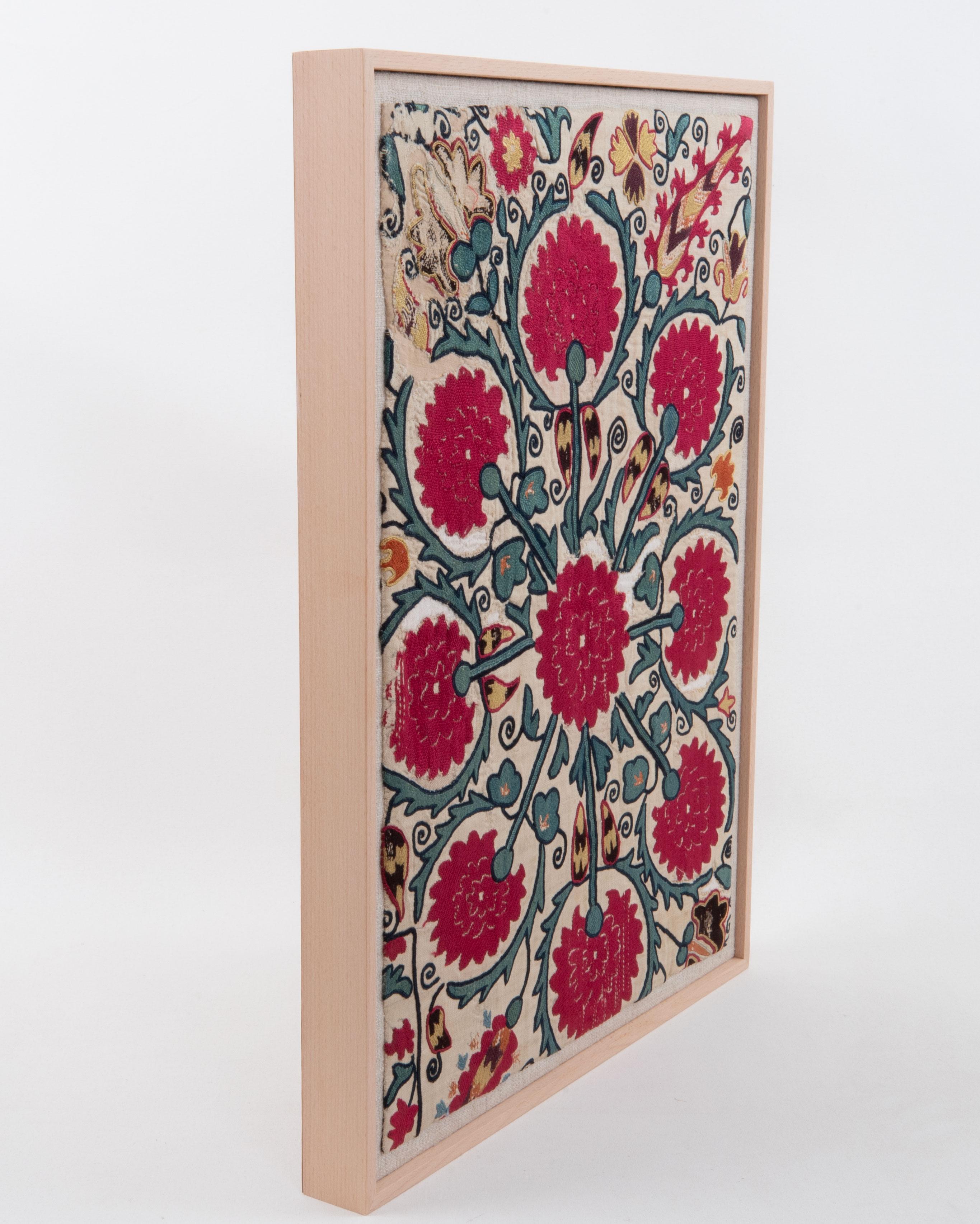 Framed Antique Ura Tube Suzani Fragment, Tajikstan Seda en venta