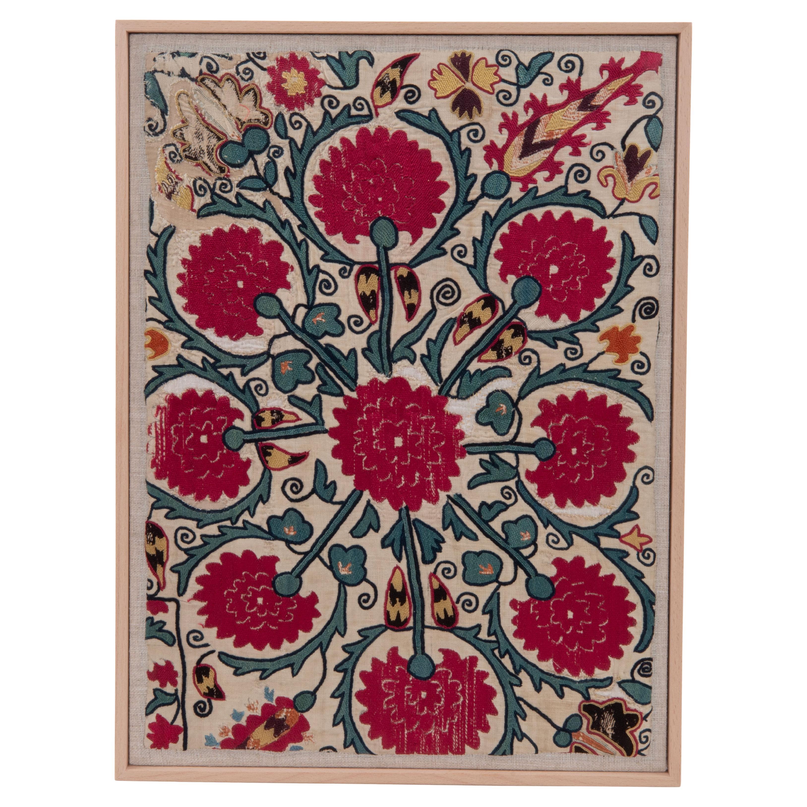 Framed Antique Ura Tube Suzani Fragment, Tajikstan