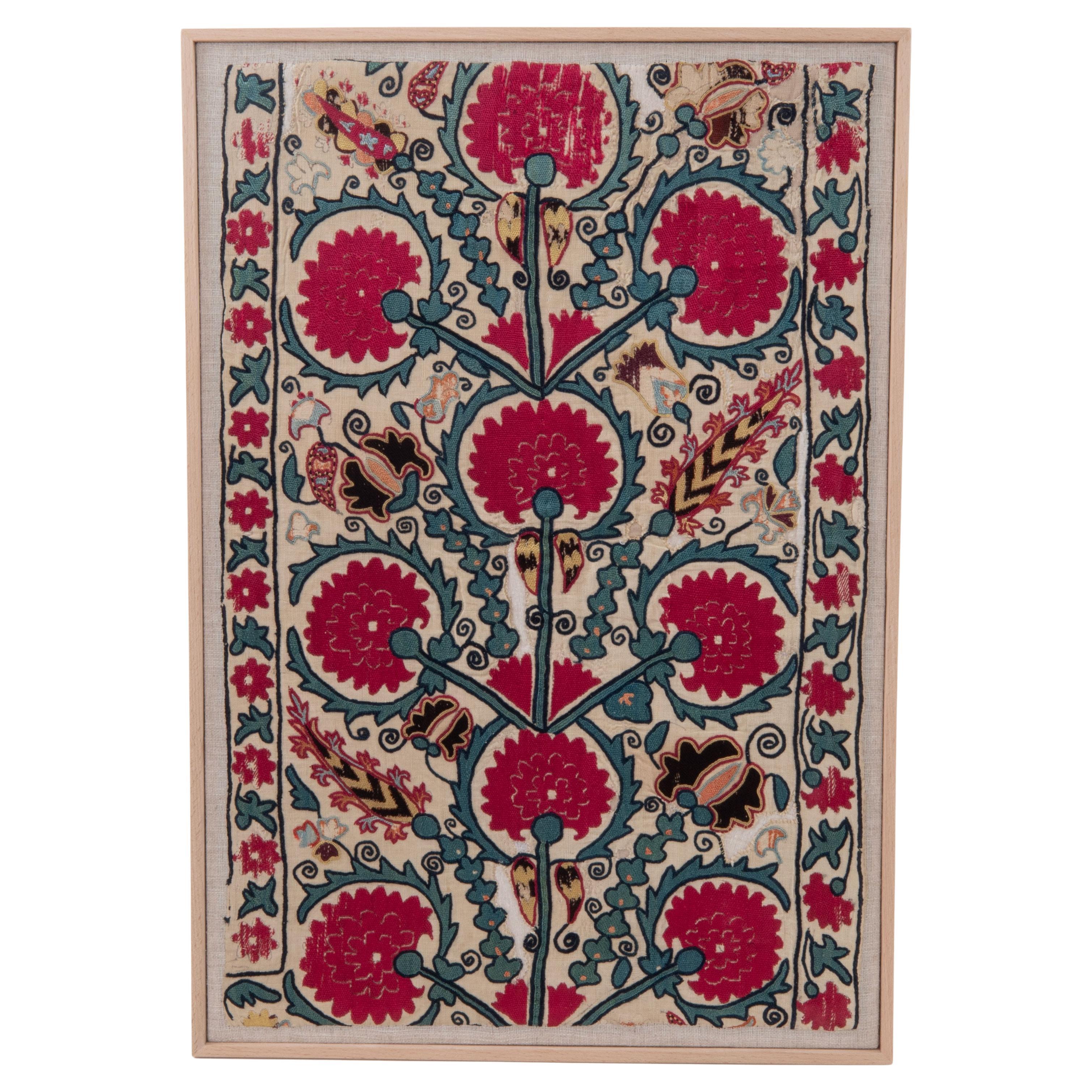 Framed Antique Ura Tube Suzani Fragment, Tajikstan
