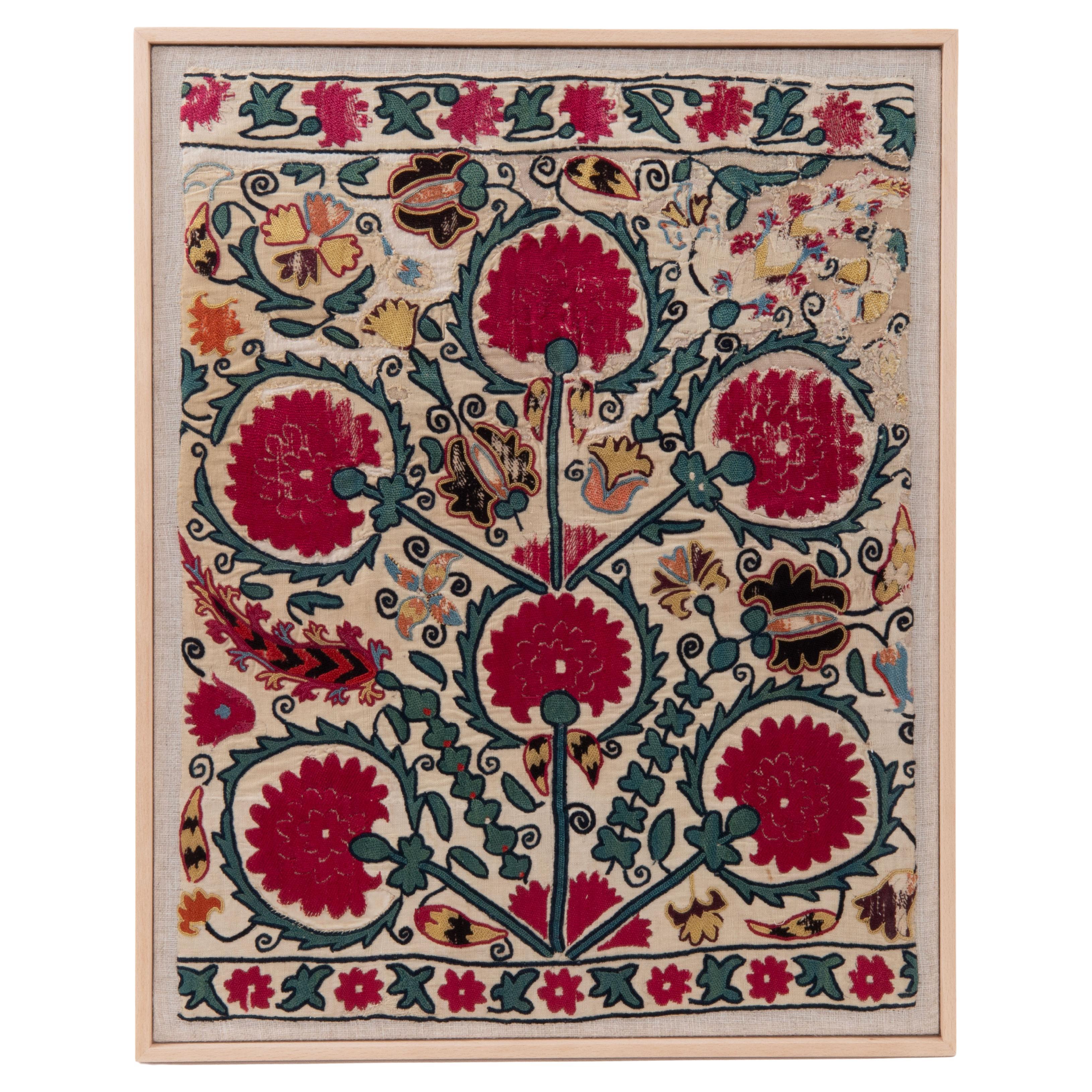 Framed Antique Ura Tube Suzani Fragment, Tajikstan