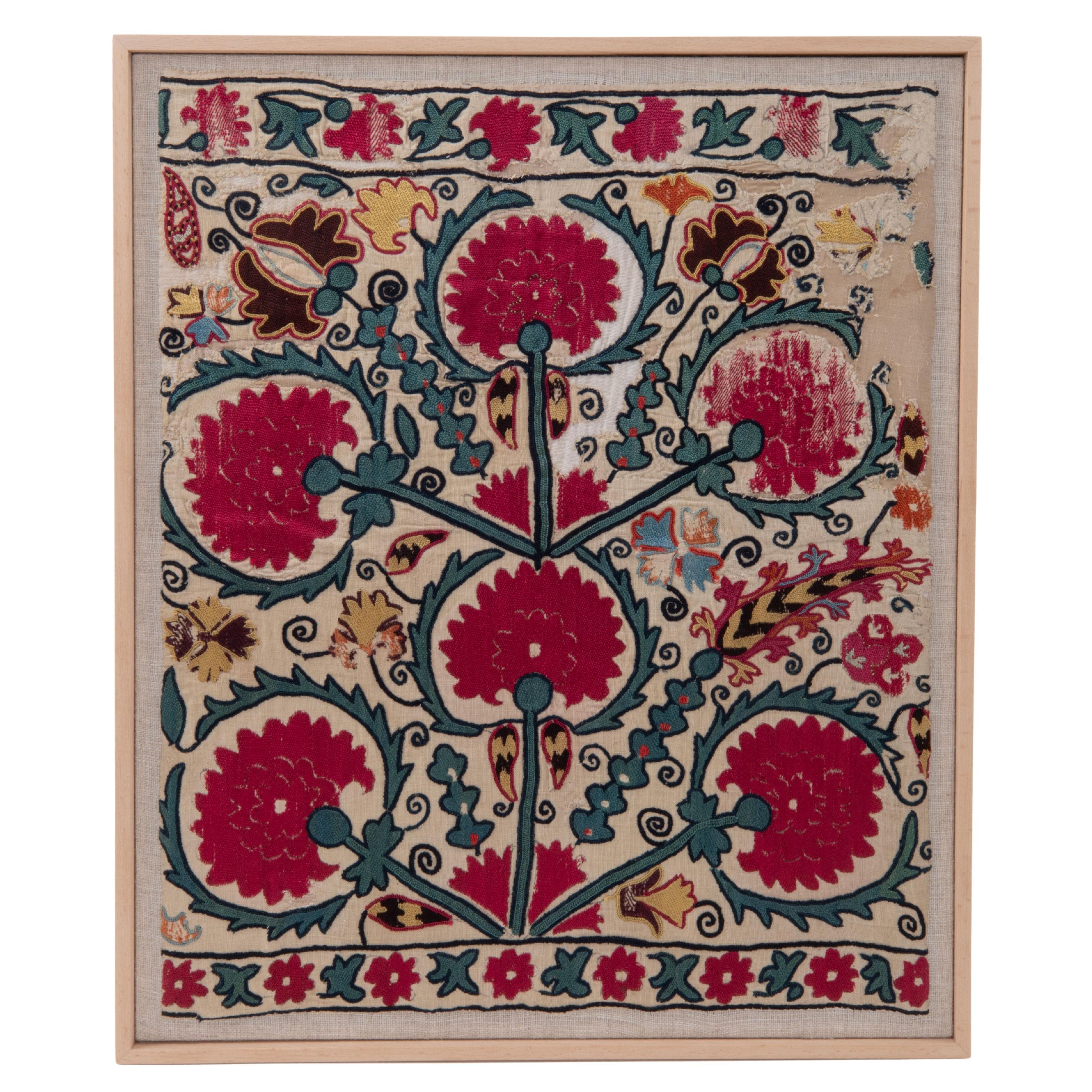 Framed Antique Ura Tube Suzani Fragment, Tajikstan