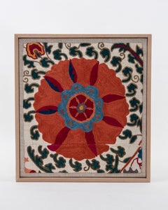 Framed Antique Uzbek Suzani Embroidery Fragment , 19th Century.