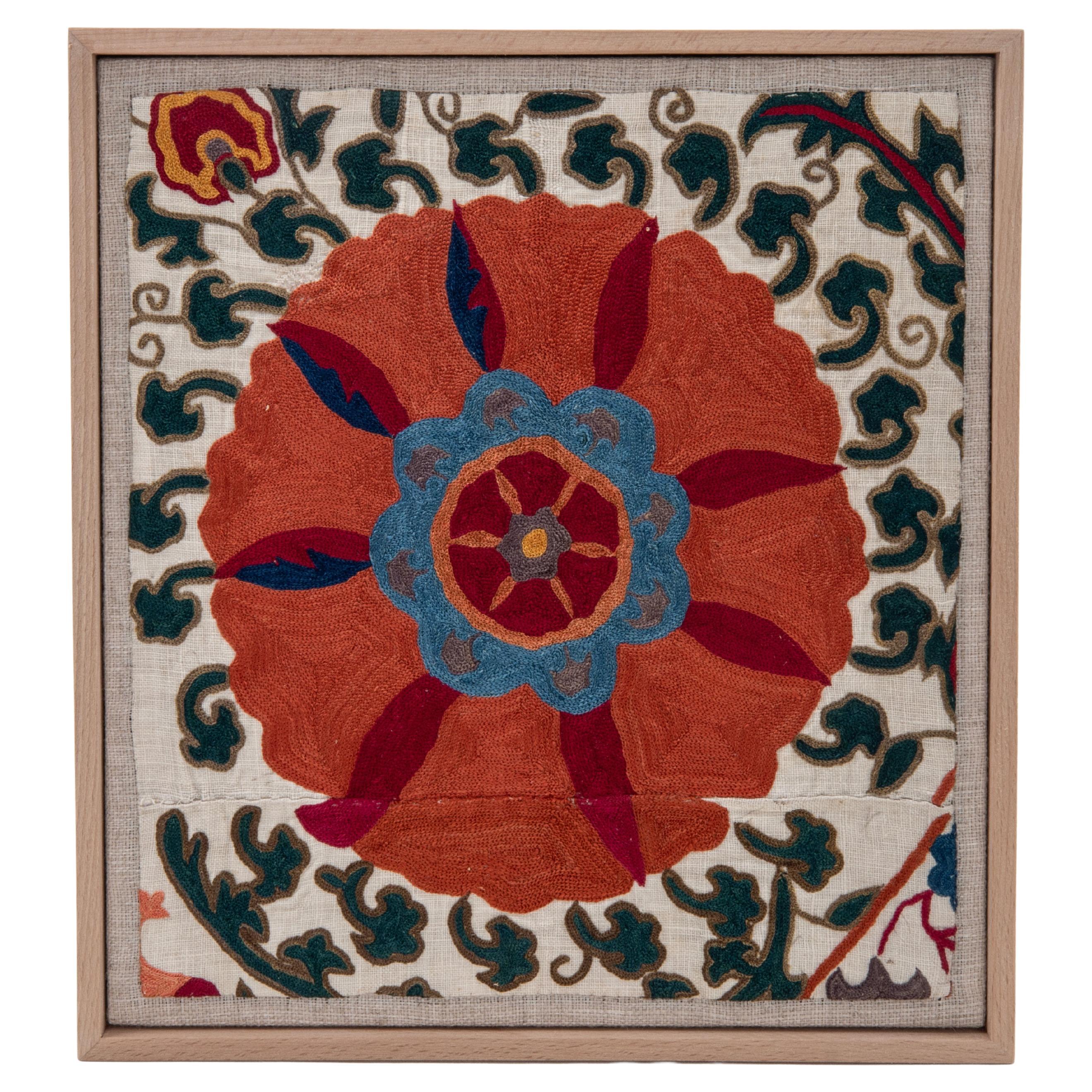 Framed Antique Uzbek Suzani Embroidery Fragment , 19th Century.