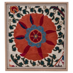 Framed Antique Uzbek Suzani Embroidery Fragment , 19th Century.