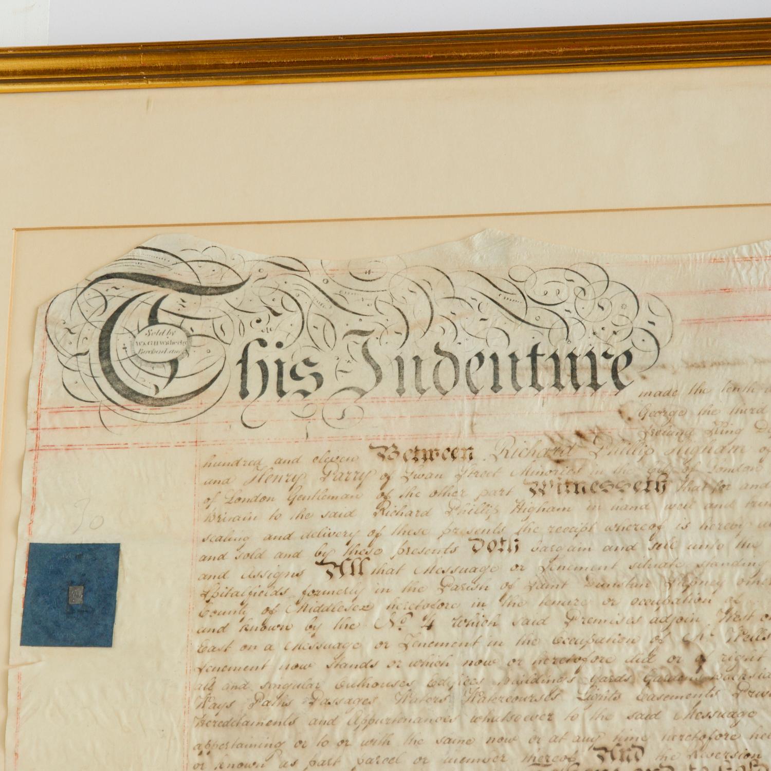 Vellum land indenture, 1811, London. Parties mentioned include Richard Phillip Higham, Henry Parry, and John Alliston.

The document contains two seals. The blue seal is likely a scrivener's seal. Scriveners were granted authority to draft