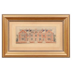 Framed Architectural Drawing of a School with Watercolor, 19th Century