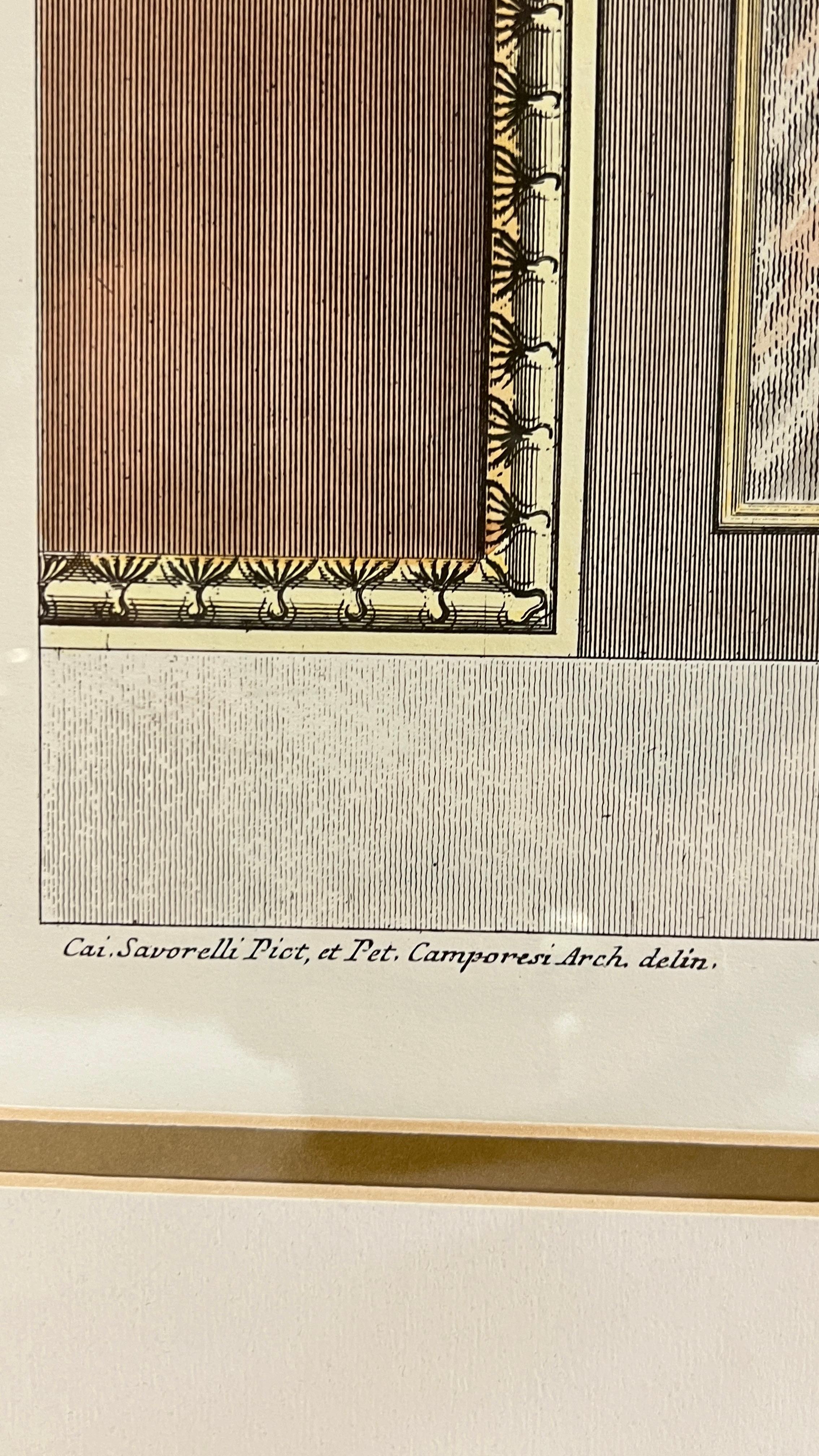 Color Italian Renaissance style print after Giovanni Ottaviani (1735-1808), after le Logge di Raffaello nel Vaticano (Raphael's Loggias in the Vatican), originally engraved by Gaetano Savorelli (1770-1791).

Provenance:  Waldorf Astoria, New York. 