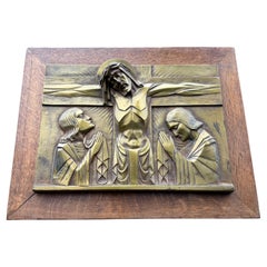 Antique FRAMED Art Deco Bronze Religious Plaque of Christ on CRUCIFIX by Sylvain NORGA