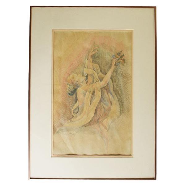 Framed Art Deco Figurative Pencil Drawing of a Woman, Signed