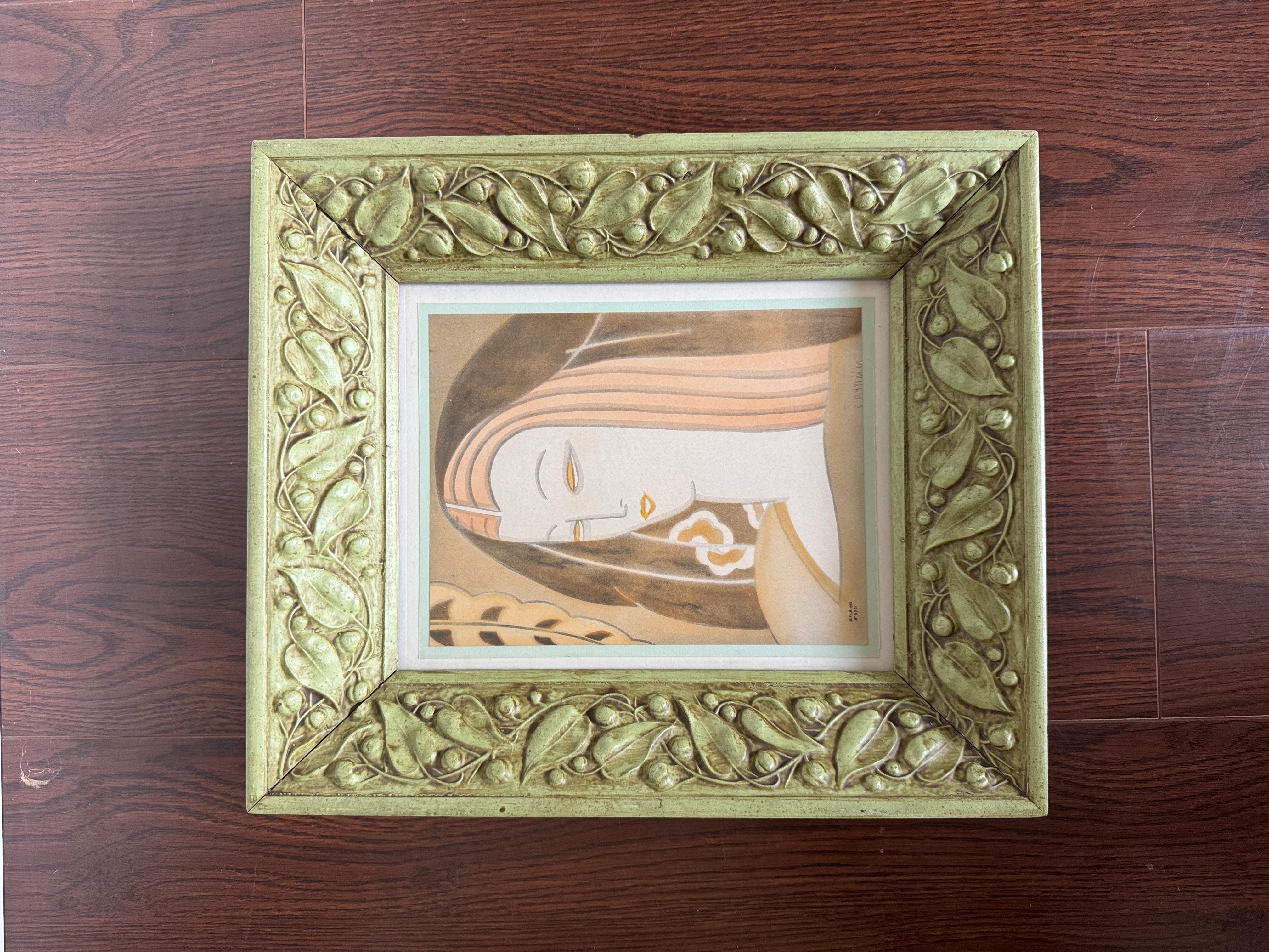 Framed Art Deco original art, a portrait of a woman, circa 1930s. Signed PLB For Sale 1