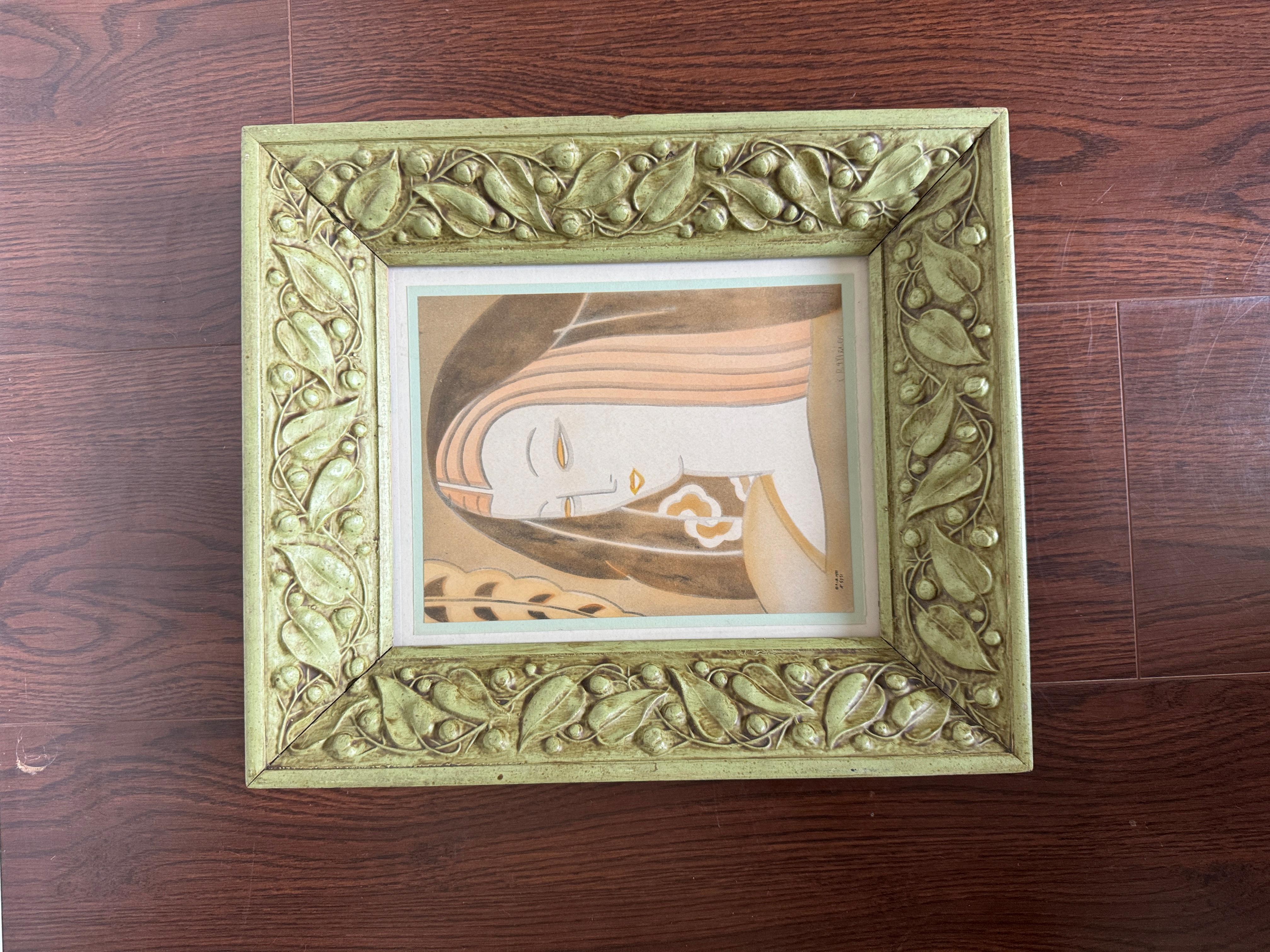Framed Art Deco original art, a portrait of a woman, circa 1930s. Signed PLB For Sale 2