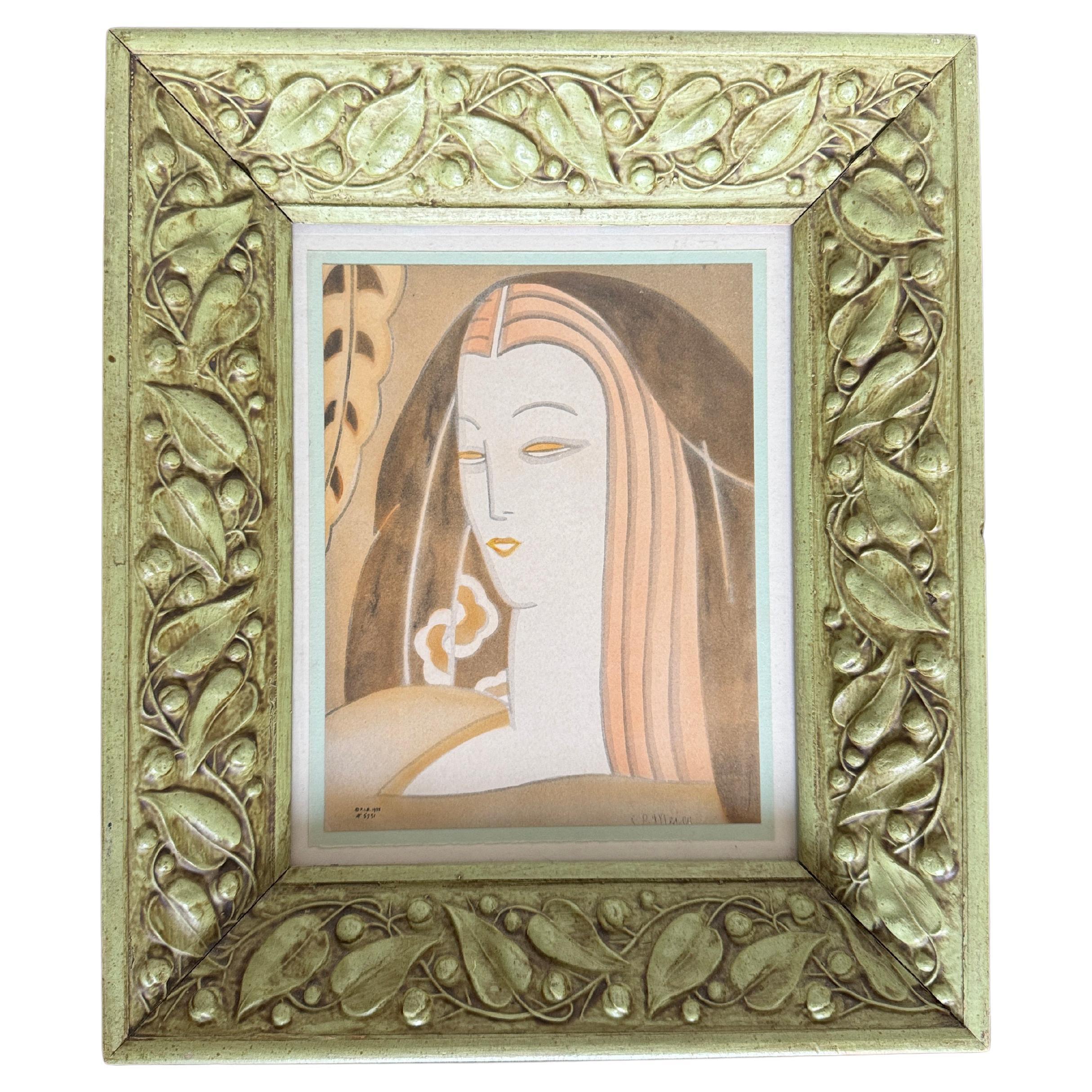 Framed Art Deco original art, a portrait of a woman, circa 1930s. Signed PLB